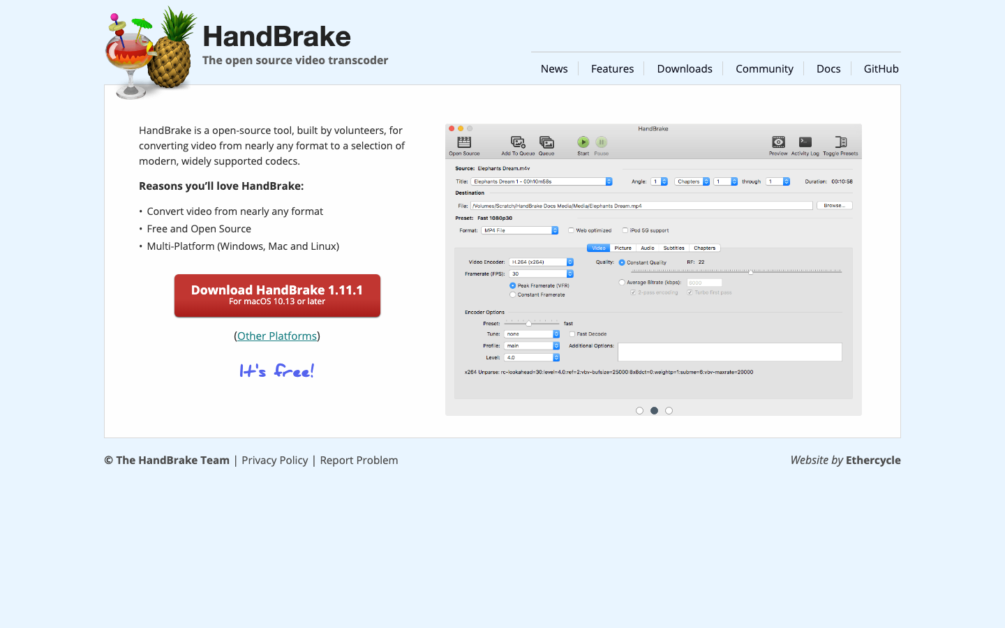 HandBrake — open-source video transcoder used after MakeMKV to compress lossless rips into smaller H.264 or H.265 files