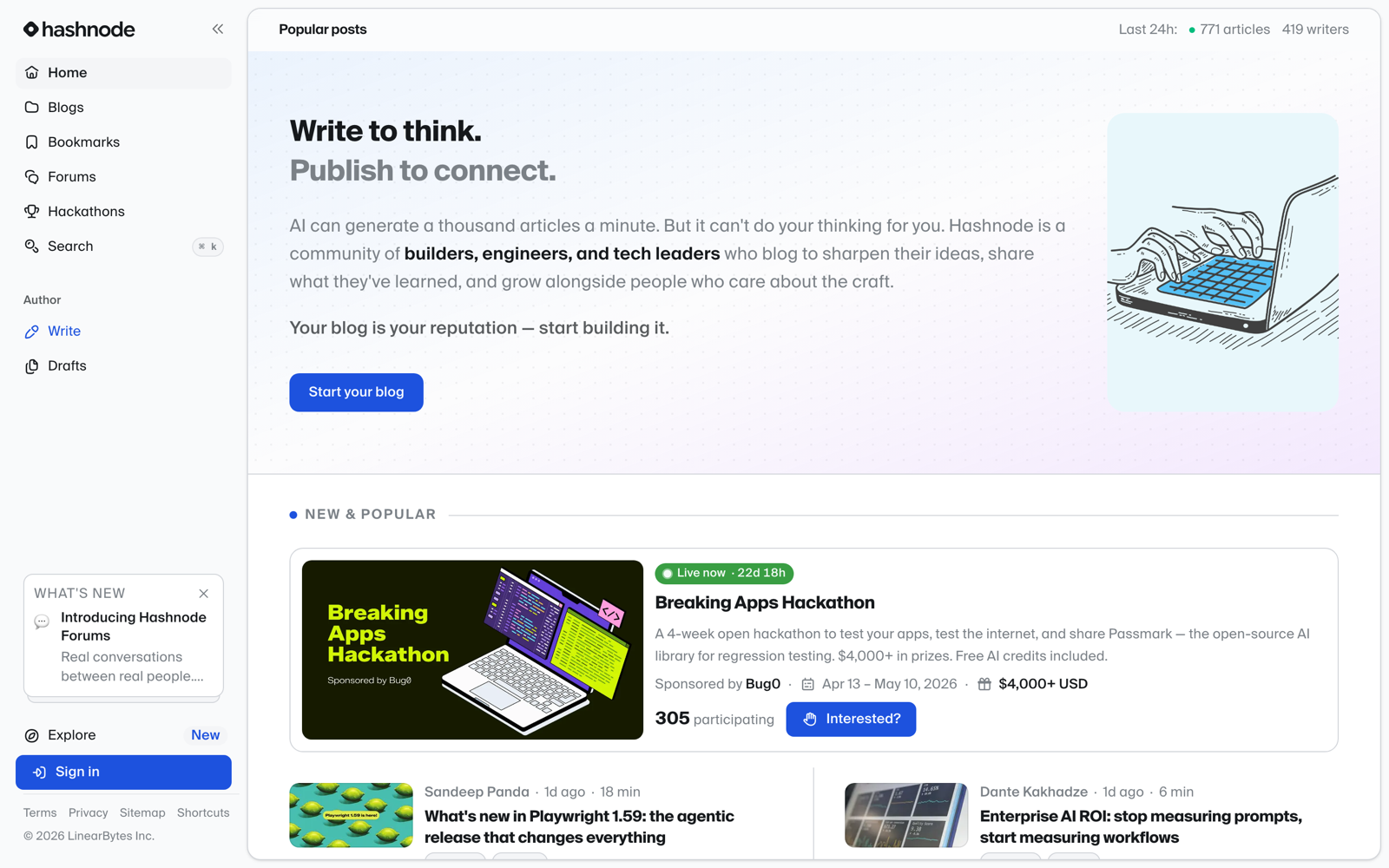 HashNode developer blogging platform homepage