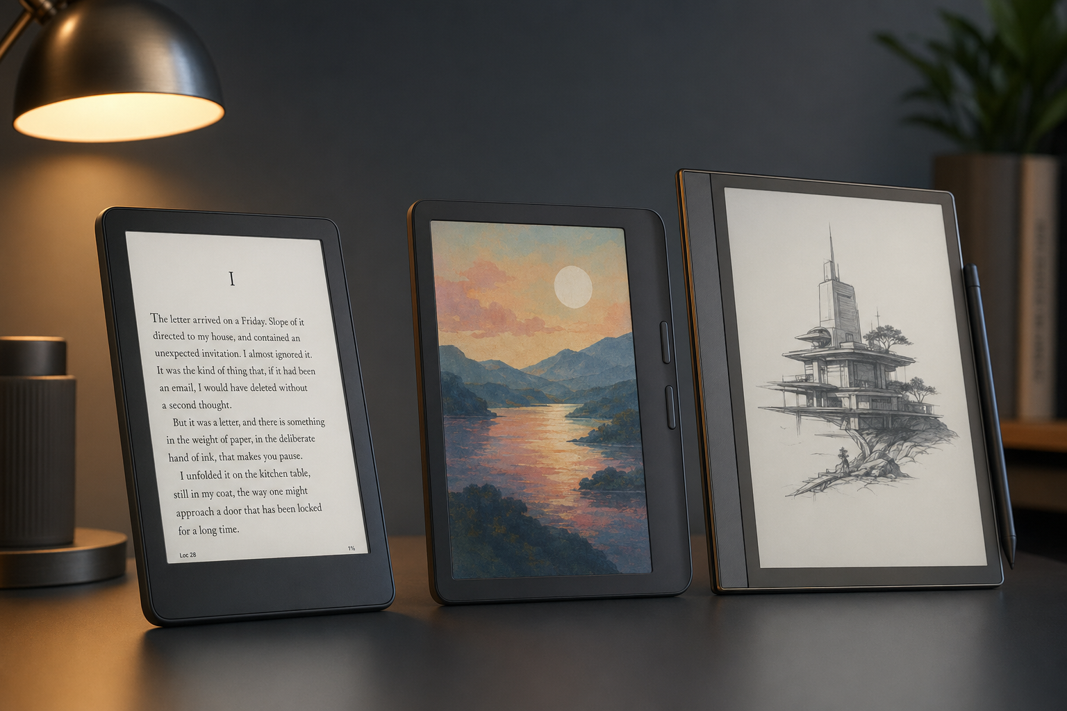 Best e-readers compared side by side: Kindle Paperwhite, Kobo color e-reader, and Boox tablet