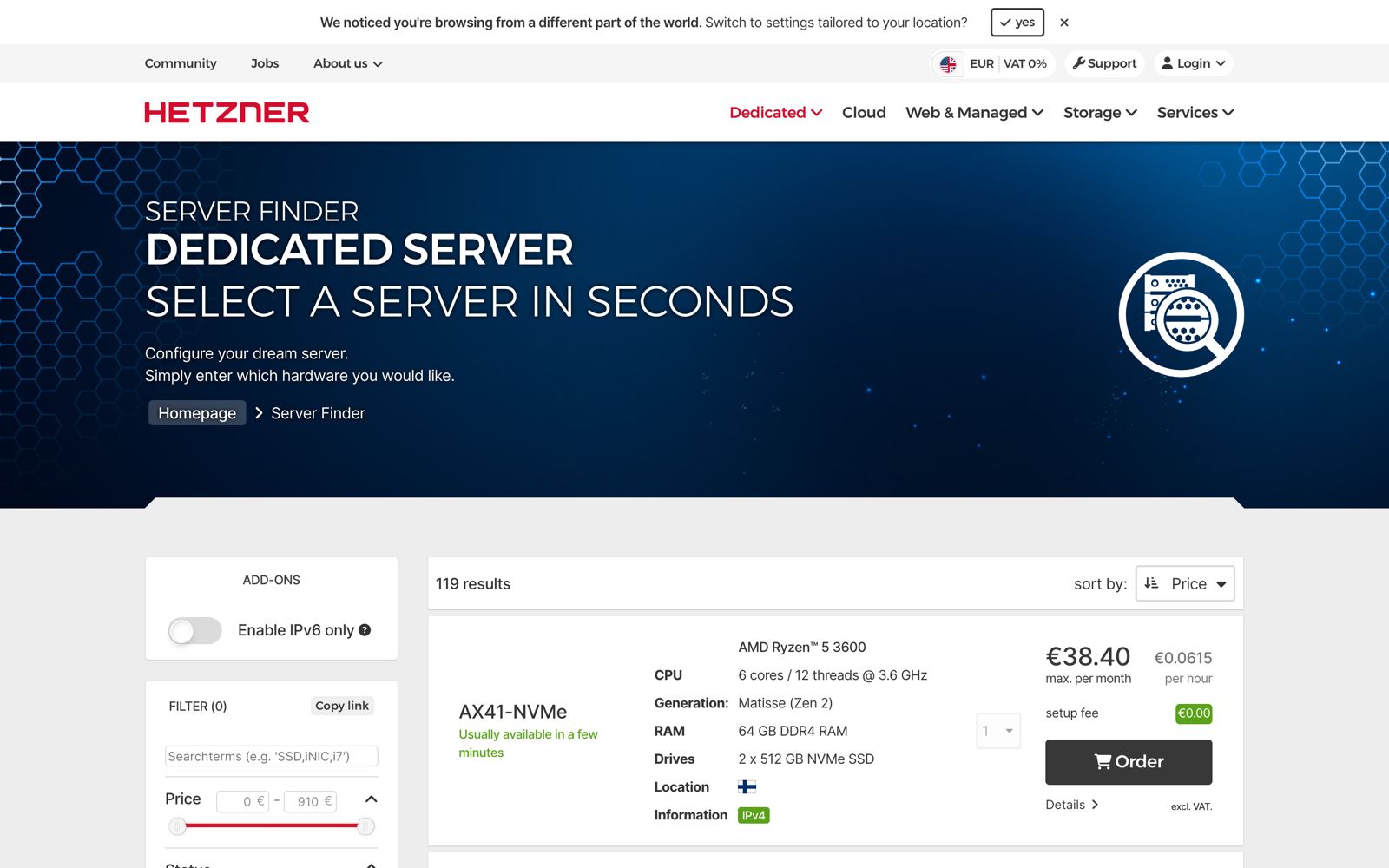 Hetzner dedicated server finder homepage