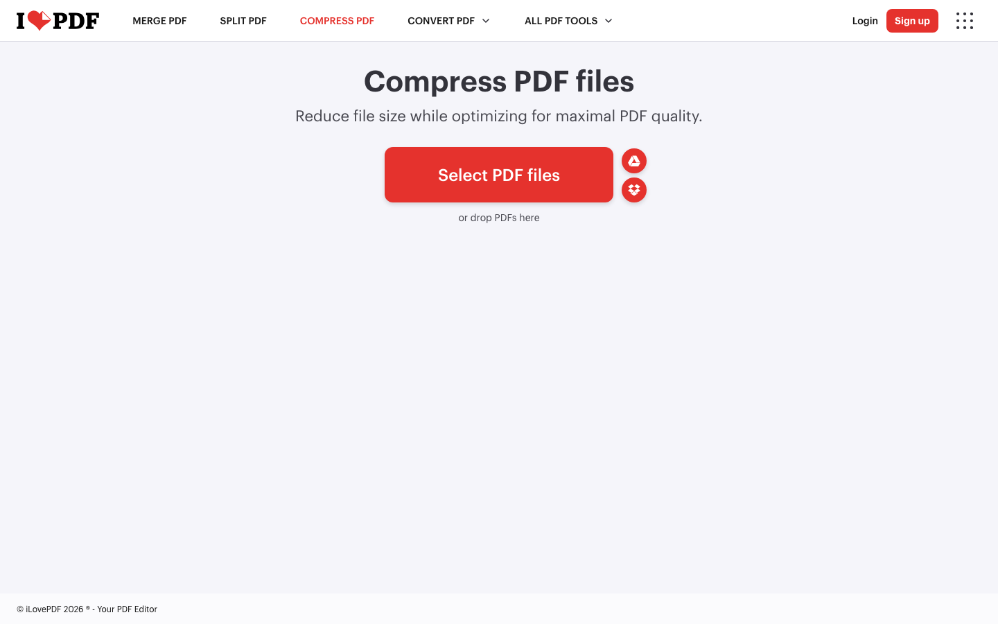 iLovePDF Compress PDF — three quality presets, free up to 2-3 tasks per hour, no signup