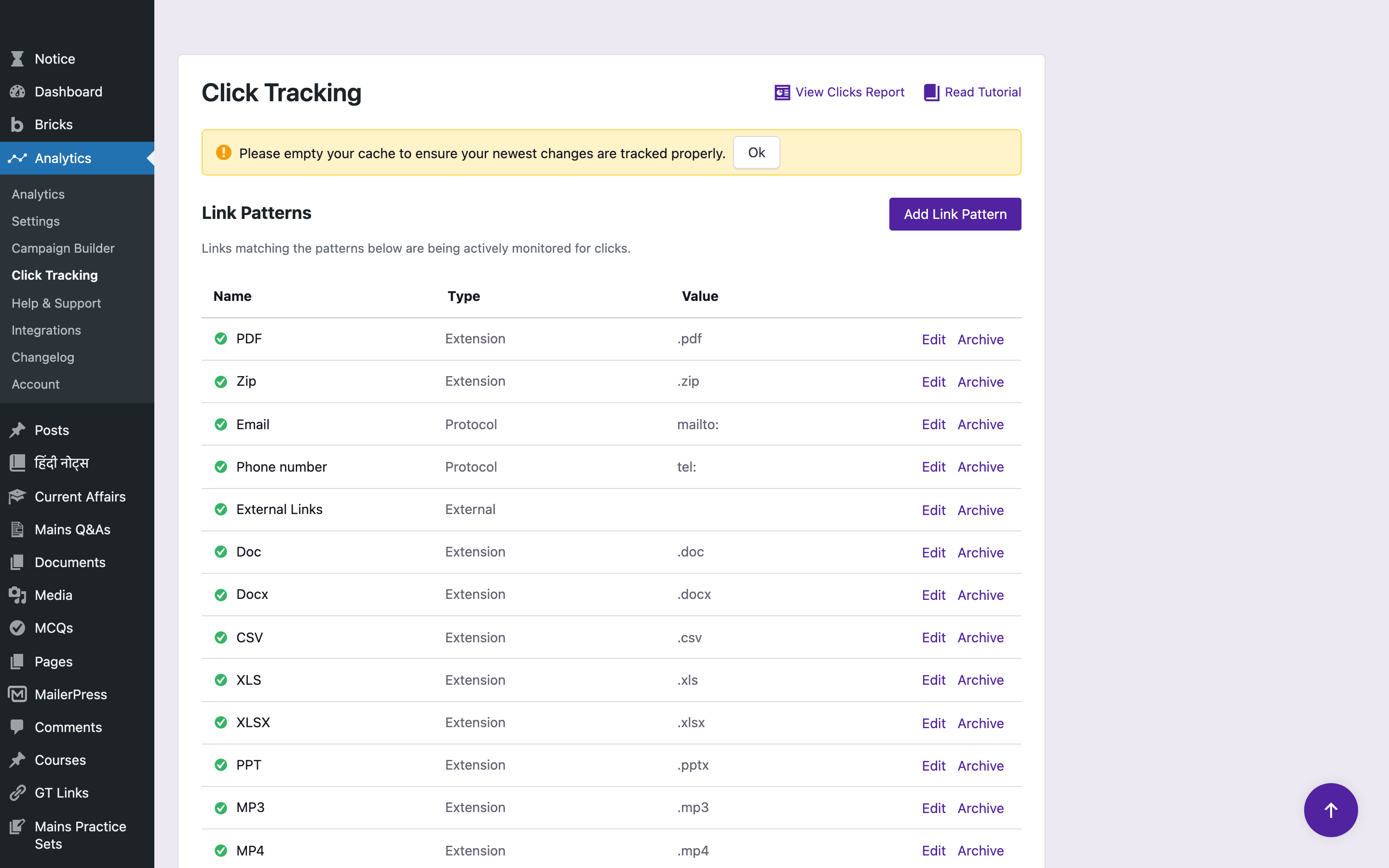 Independent Analytics Click Tracking link patterns list showing PDF, Zip, Email, Phone number, External Links and file extensions