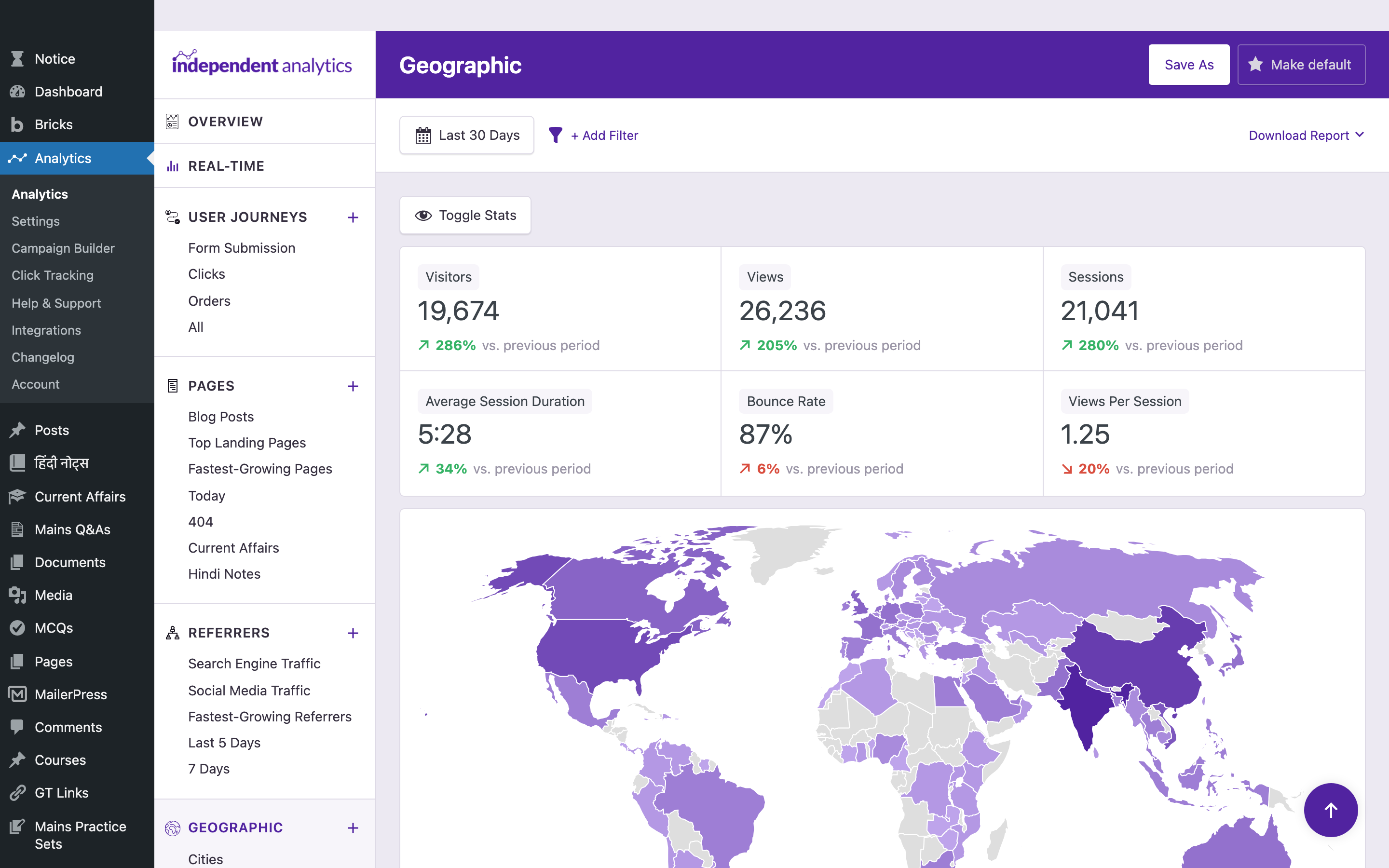 Independent Analytics Geographic report showing visitor map with country-level color heatmap and top-line stats inside WordPress admin