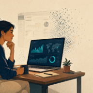 Editorial illustration of a WordPress site owner reviewing analytics on a laptop while a faded Google Analytics interface dissolves into the background