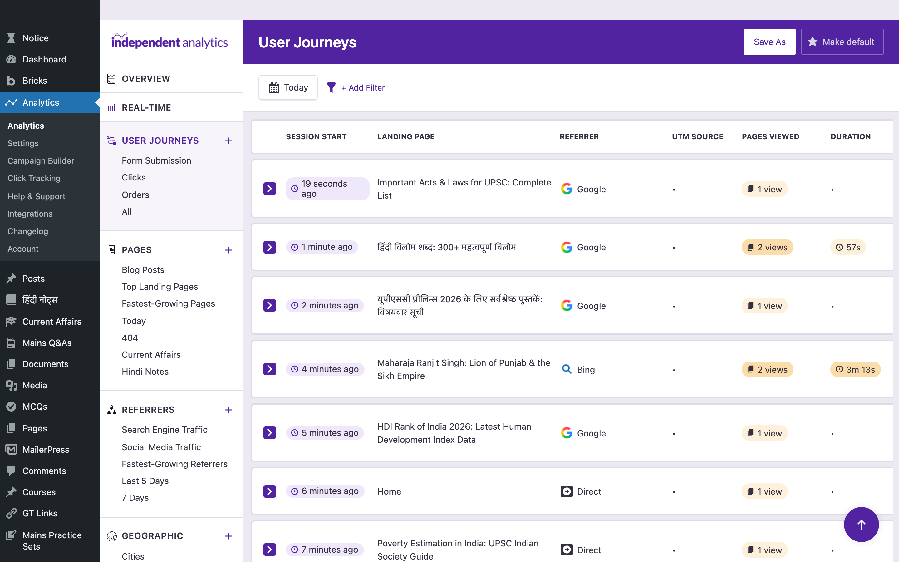 Independent Analytics User Journeys report showing per-session timeline with landing page, referrer, UTM source, pages viewed and duration
