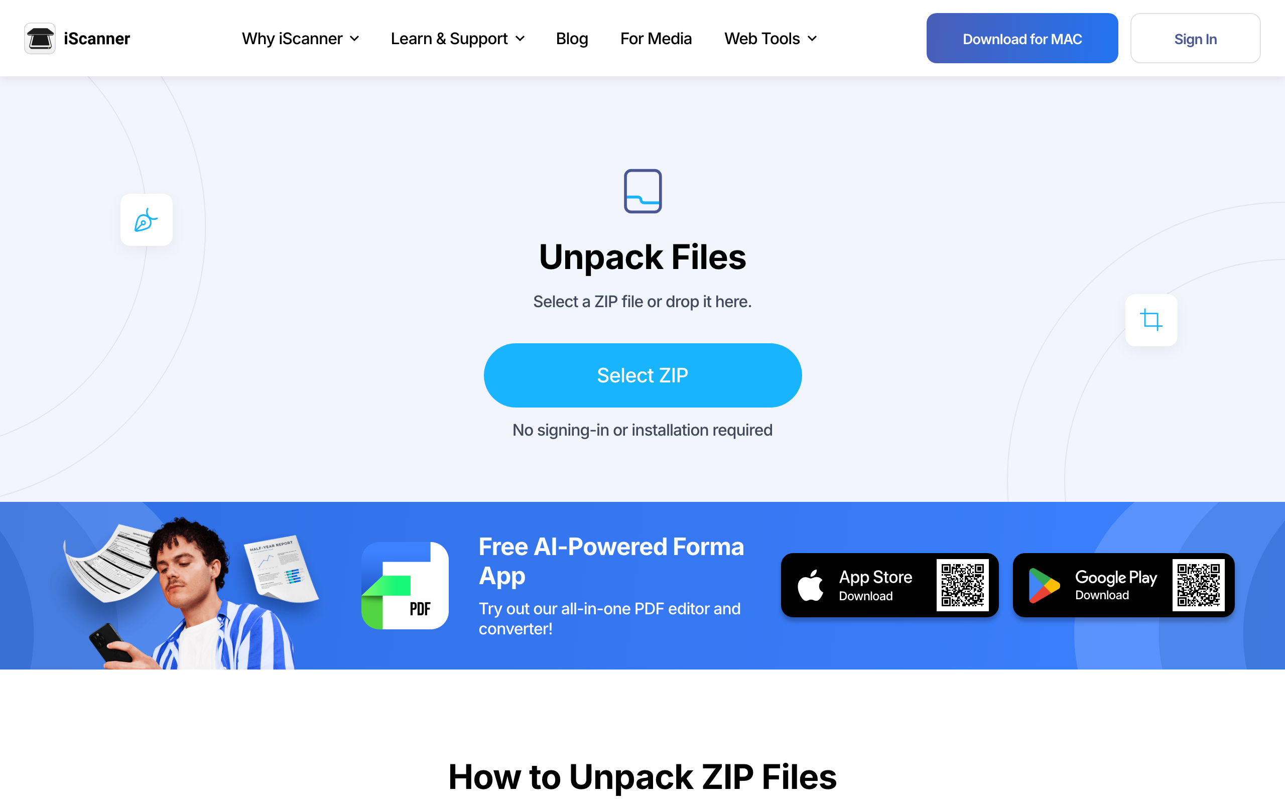 iScanner unzip files tool interface