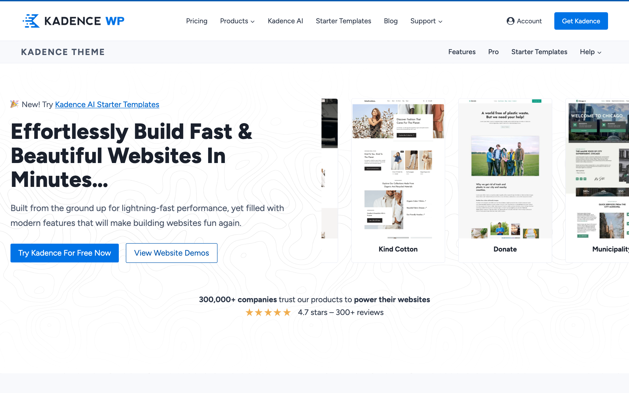 Kadence WP theme homepage showing starter templates