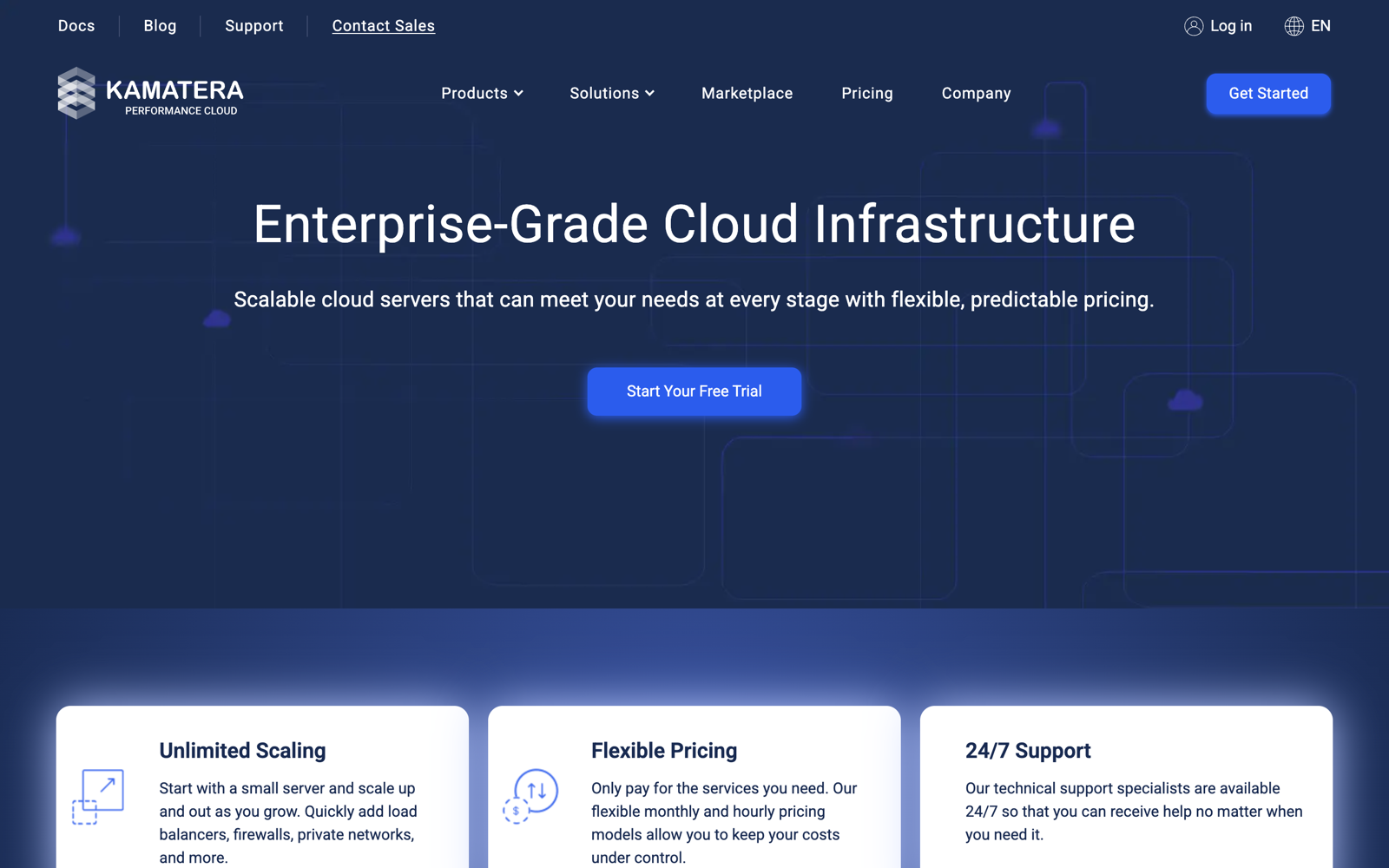 Kamatera enterprise-grade cloud infrastructure homepage