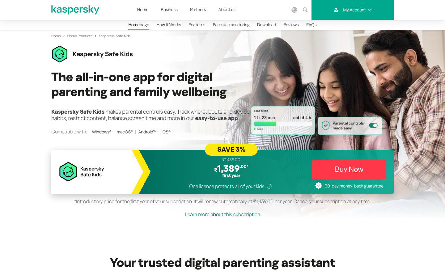 Kaspersky Safe Kids — free tier plus $14.99/year Premium for screen time, web filtering, and YouTube safe search