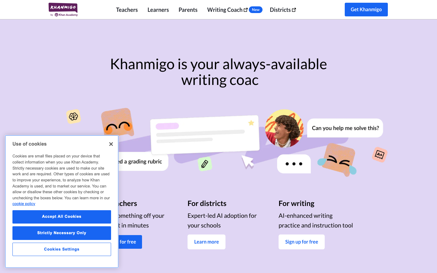 Khanmigo — Khan Academy's AI tutor (powered by GPT-4-class models), free for educators, $4/mo for learners