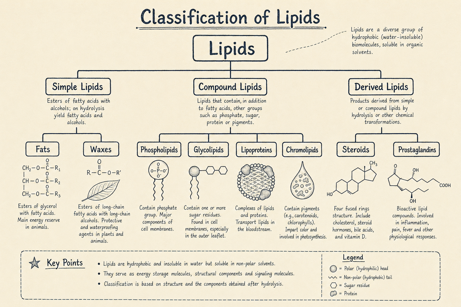 Branching tree diagram classifying lipids into simple lipids (fats, waxes), compound lipids (phospholipids, glycolipids, lipoproteins, chromolipids), and derived lipids (steroids, prostaglandins)