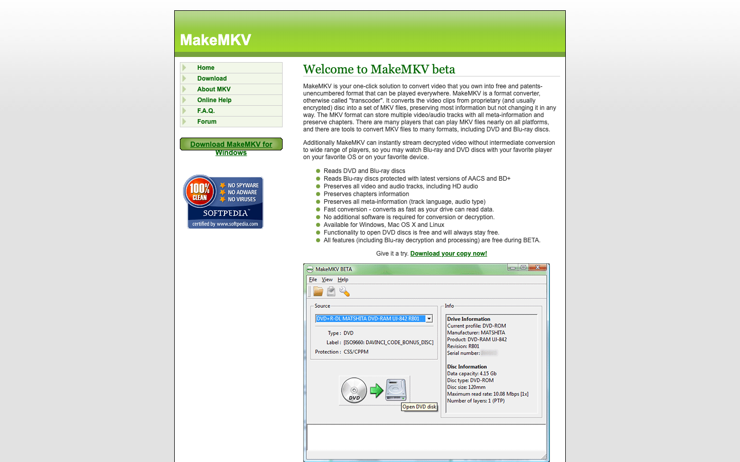 MakeMKV — free Blu-ray and DVD ripper that produces lossless MKV files, the gold standard for archival rips
