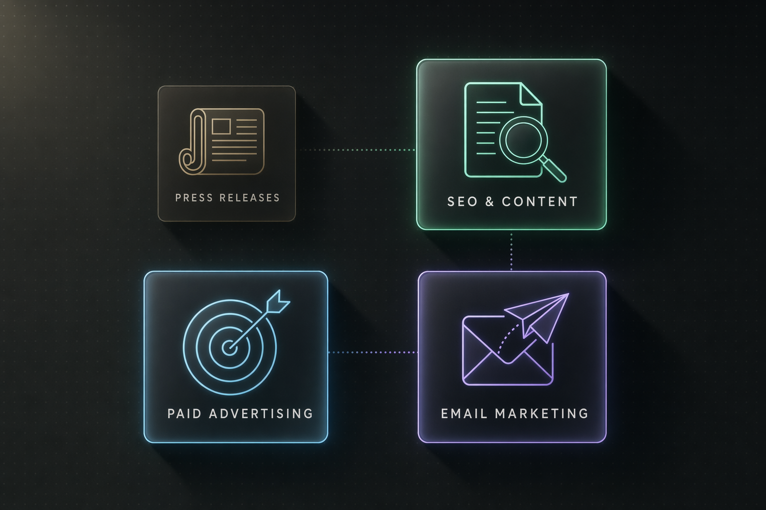 Four-card infographic comparing press releases with SEO & content, paid advertising, and email marketing as marketing-budget alternatives.