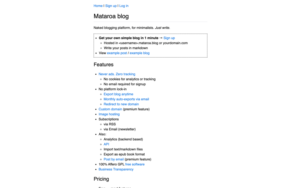 Mataroa homepage screenshot for the best free blogging platform comparison.