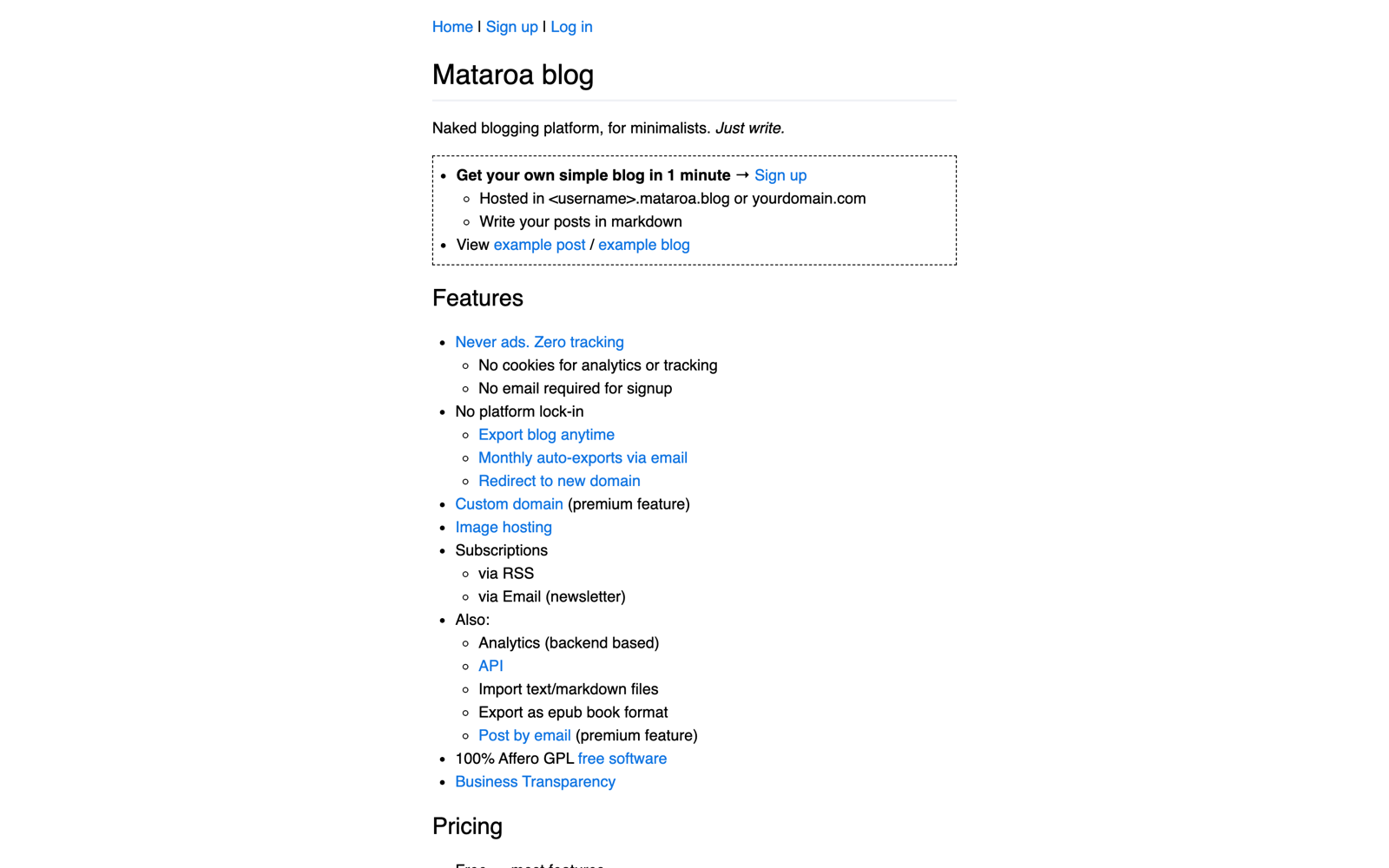Mataroa minimalist blog platform homepage