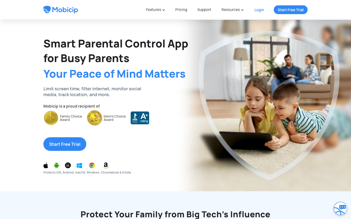 Mobicip — cross-platform parental control with screen time, app blocking, social media monitoring