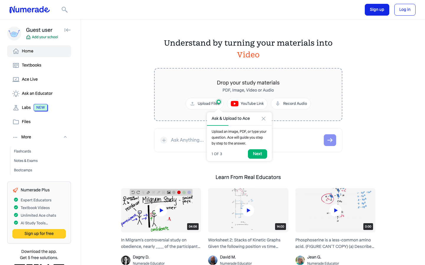 Numerade — video step-by-step textbook solutions and homework explanations, $9.99/mo, biggest video library in the category