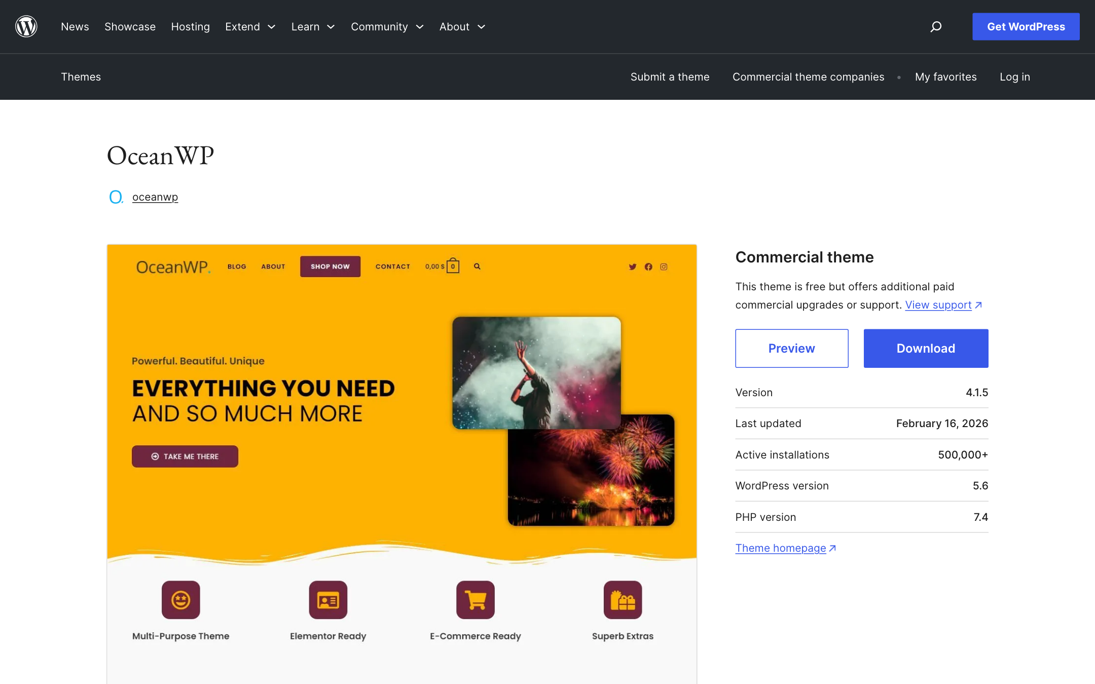 OceanWP theme on WordPress.org showing 500,000+ active installations