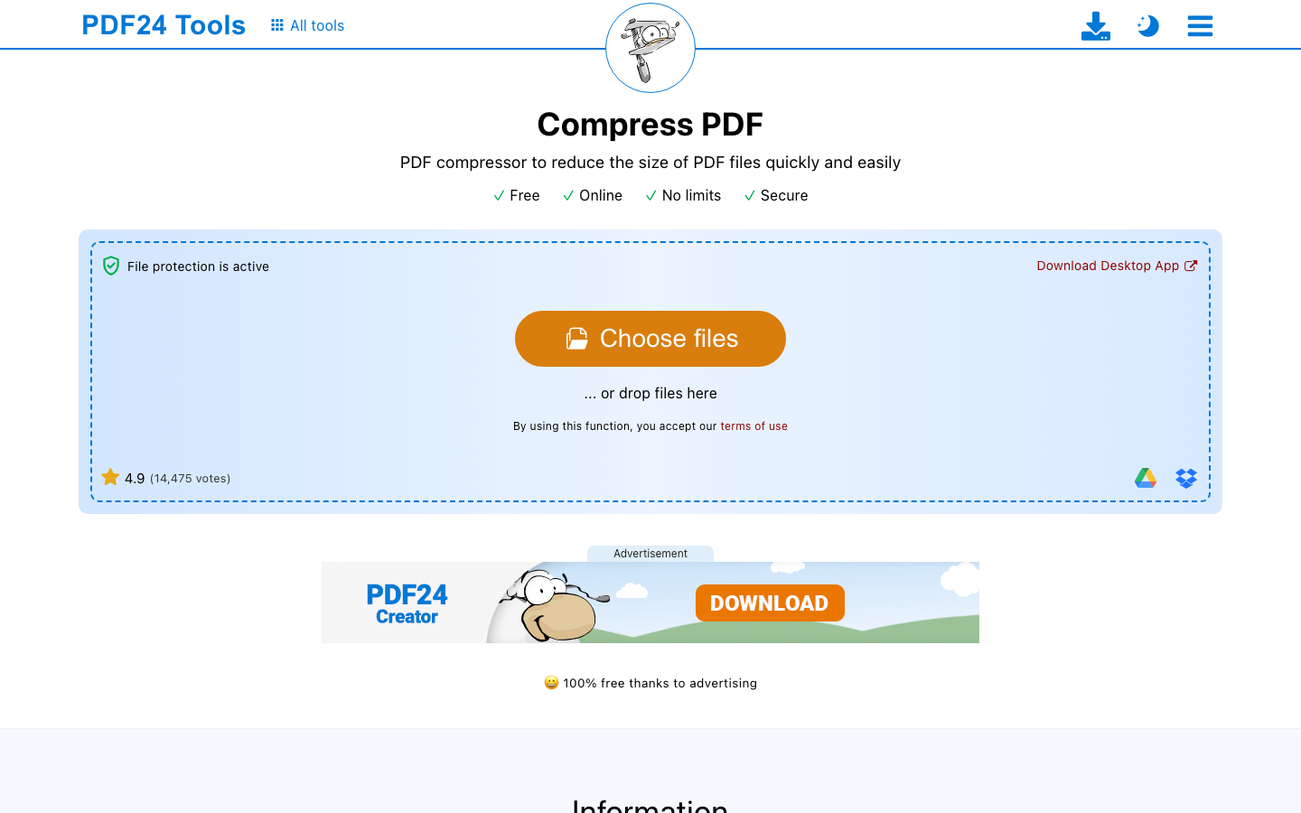 PDF24 Tools Compress PDF — ad-supported, no upload limits, also offers free Windows desktop app