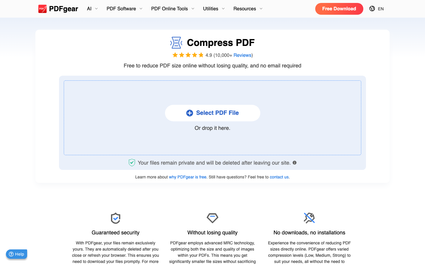 PDFgear Compress PDF — three compression levels (Low/Medium/Strong), free, MRC technology