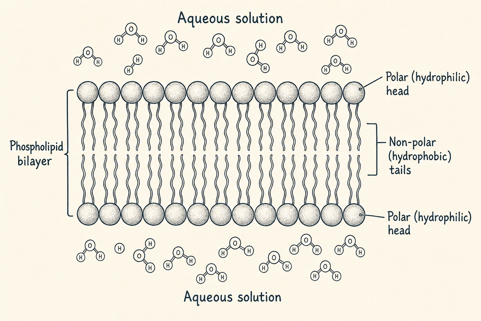 Phospholipid bilayer diagram showing hydrophilic phosphate heads facing the aqueous solution and hydrophobic fatty acid tails facing inward, the structural basis of cell membranes