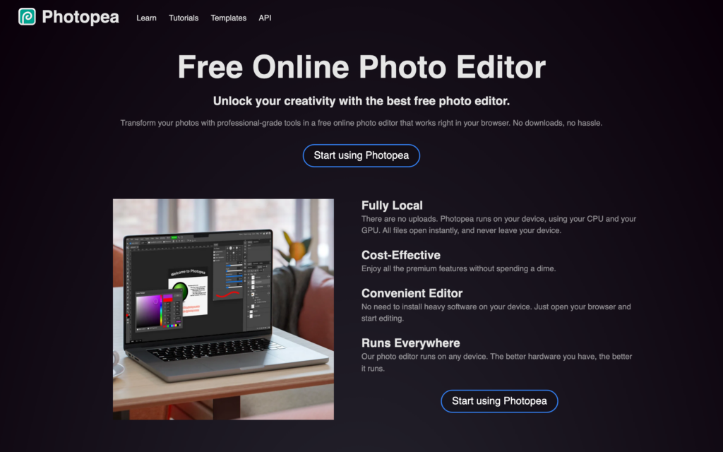Photopea homepage explaining that files open on your device without being uploaded