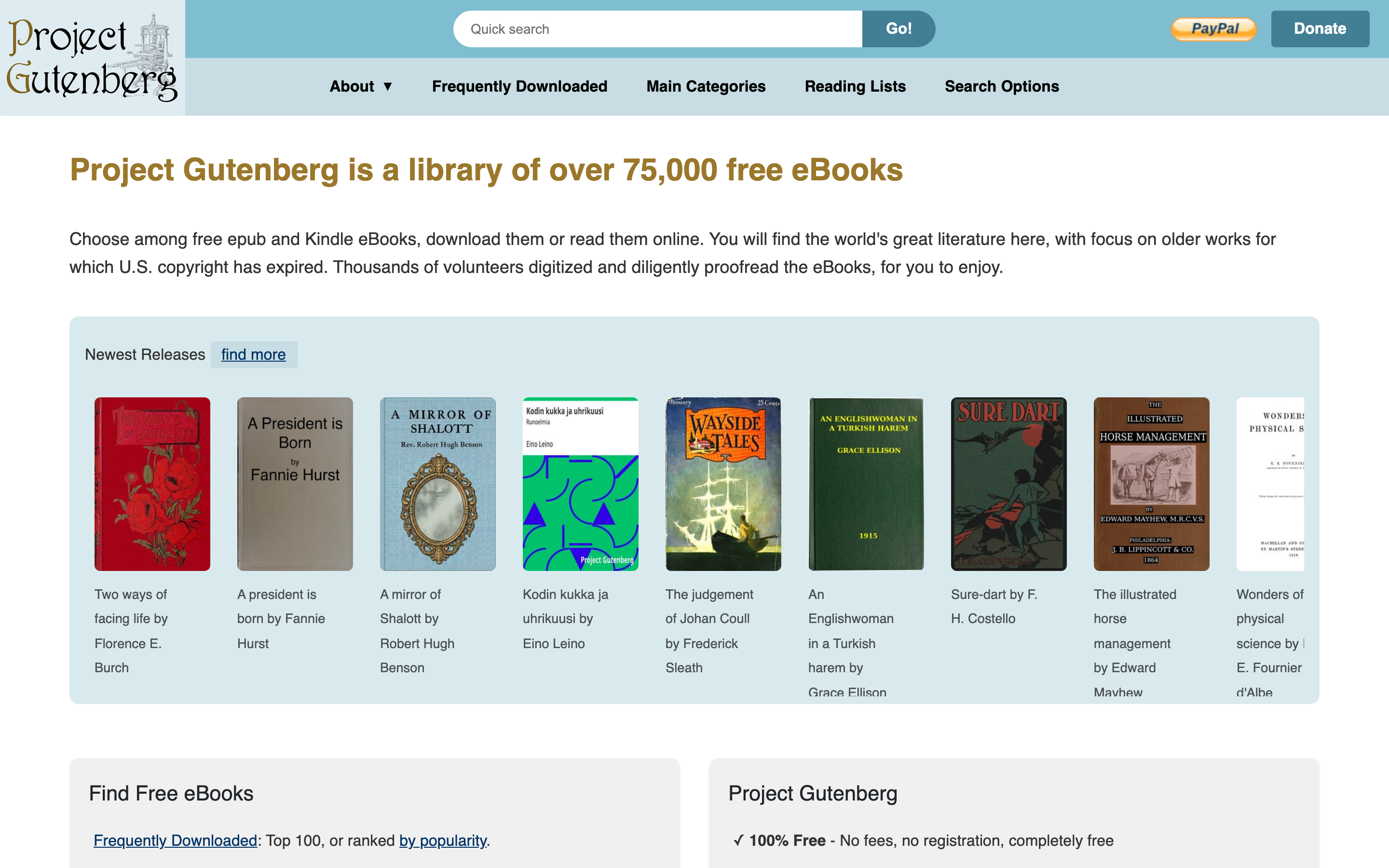 Project Gutenberg homepage — free online library with 70,000+ public domain books