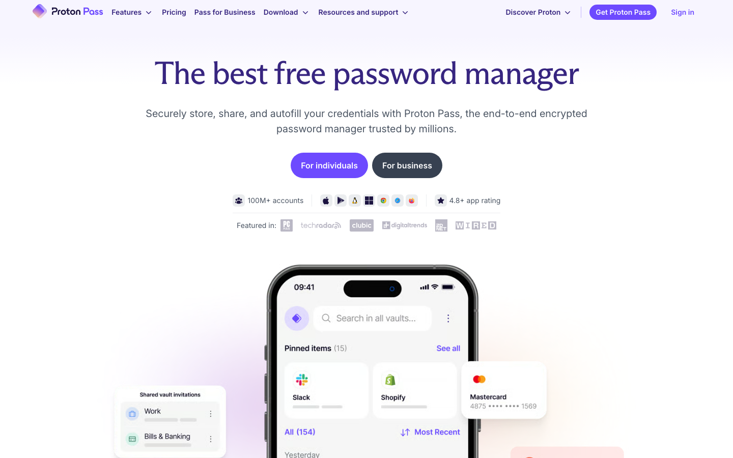Proton Pass — end-to-end encrypted password manager from the Proton Mail team, free tier with unlimited passwords, $1.99/month Plus