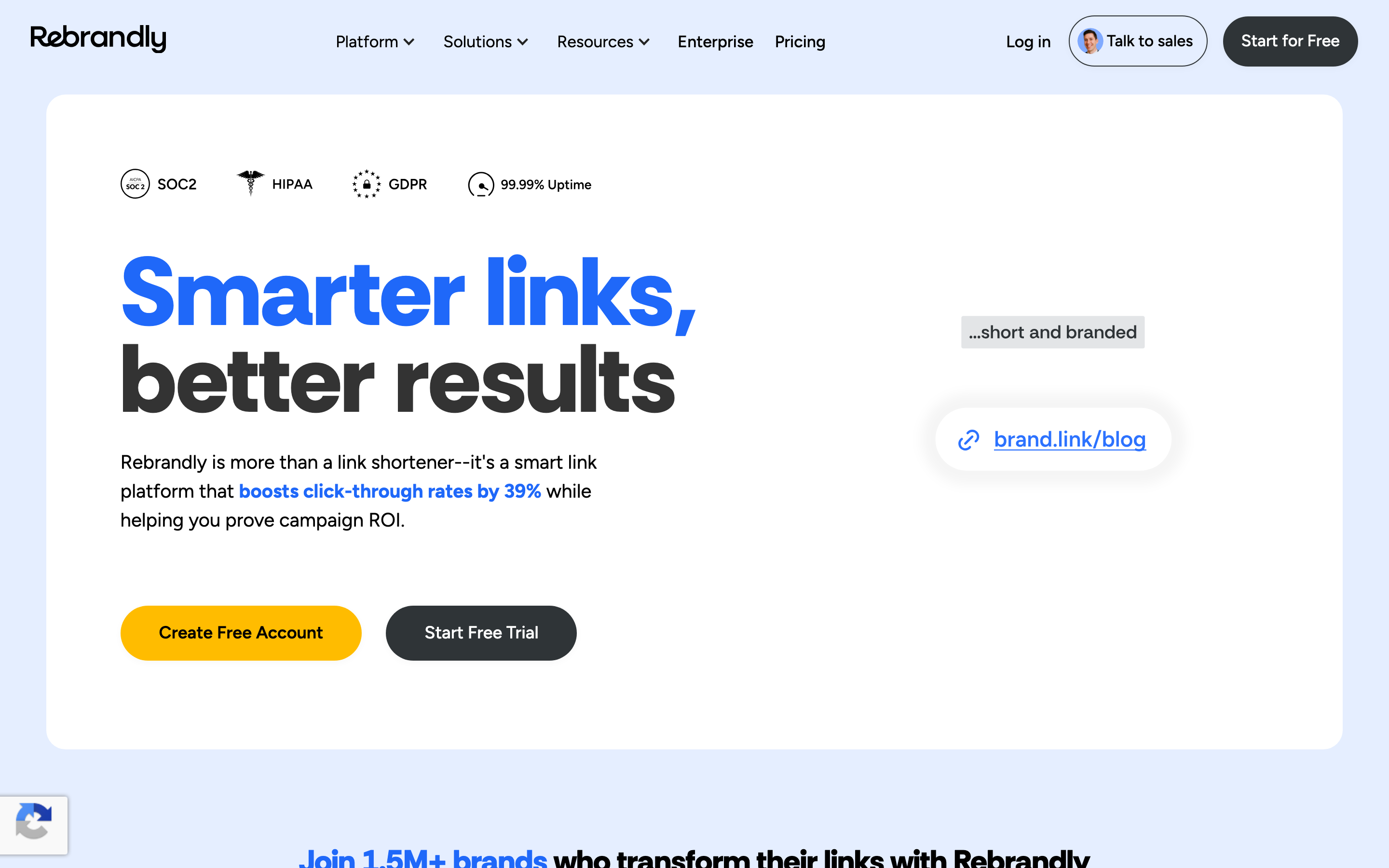 Rebrandly homepage — branded short links with custom domain on free plan
