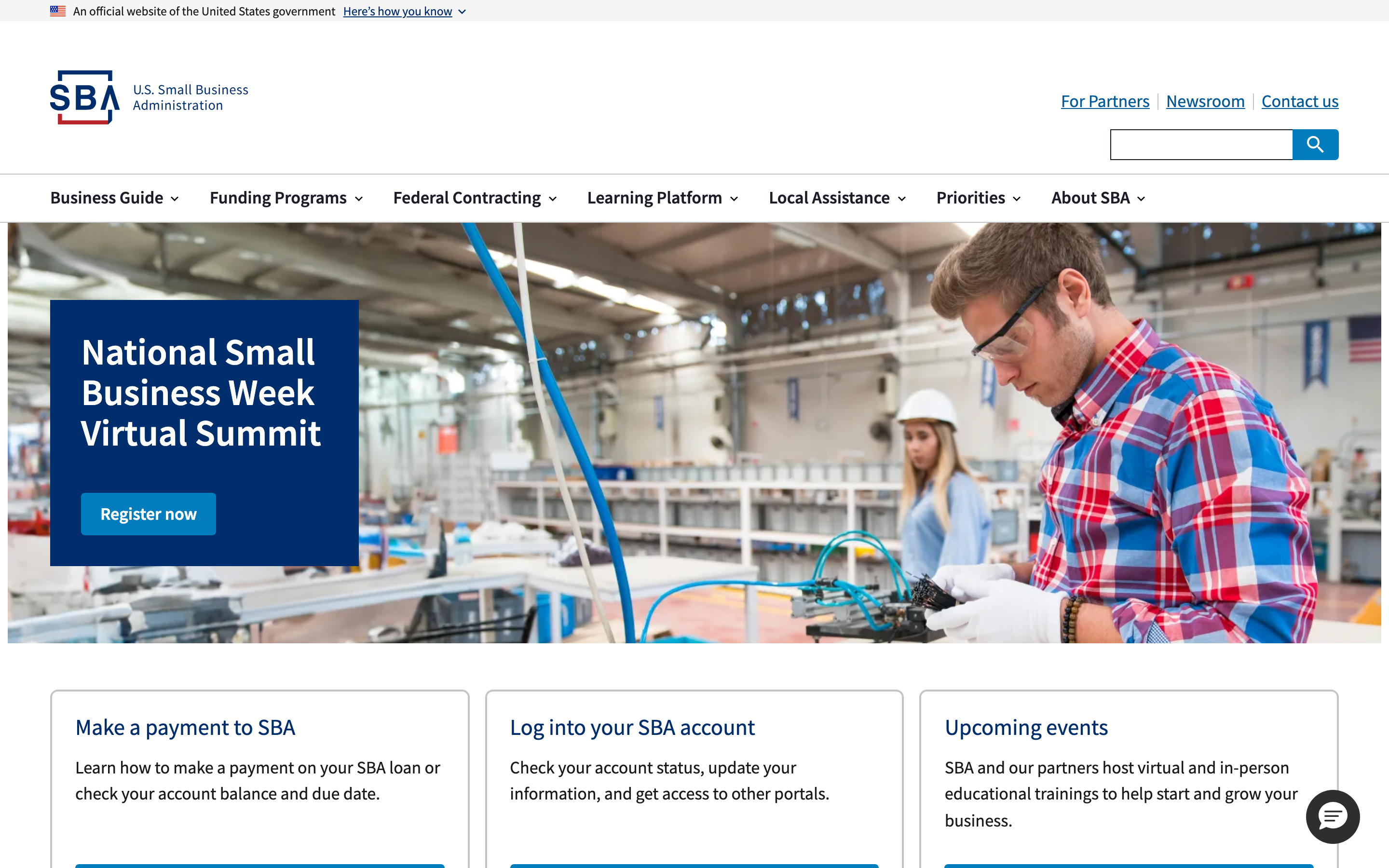 Screenshot of SBA.gov homepage showing the U.S. Small Business Administration site with navigation for Business Guide, Funding Programs, Federal Contracting, Learning Platform, Local Assistance, plus a hero banner for the National Small Business Week Virtual Summit and three quick-link cards for payment, account login, and upcoming events.