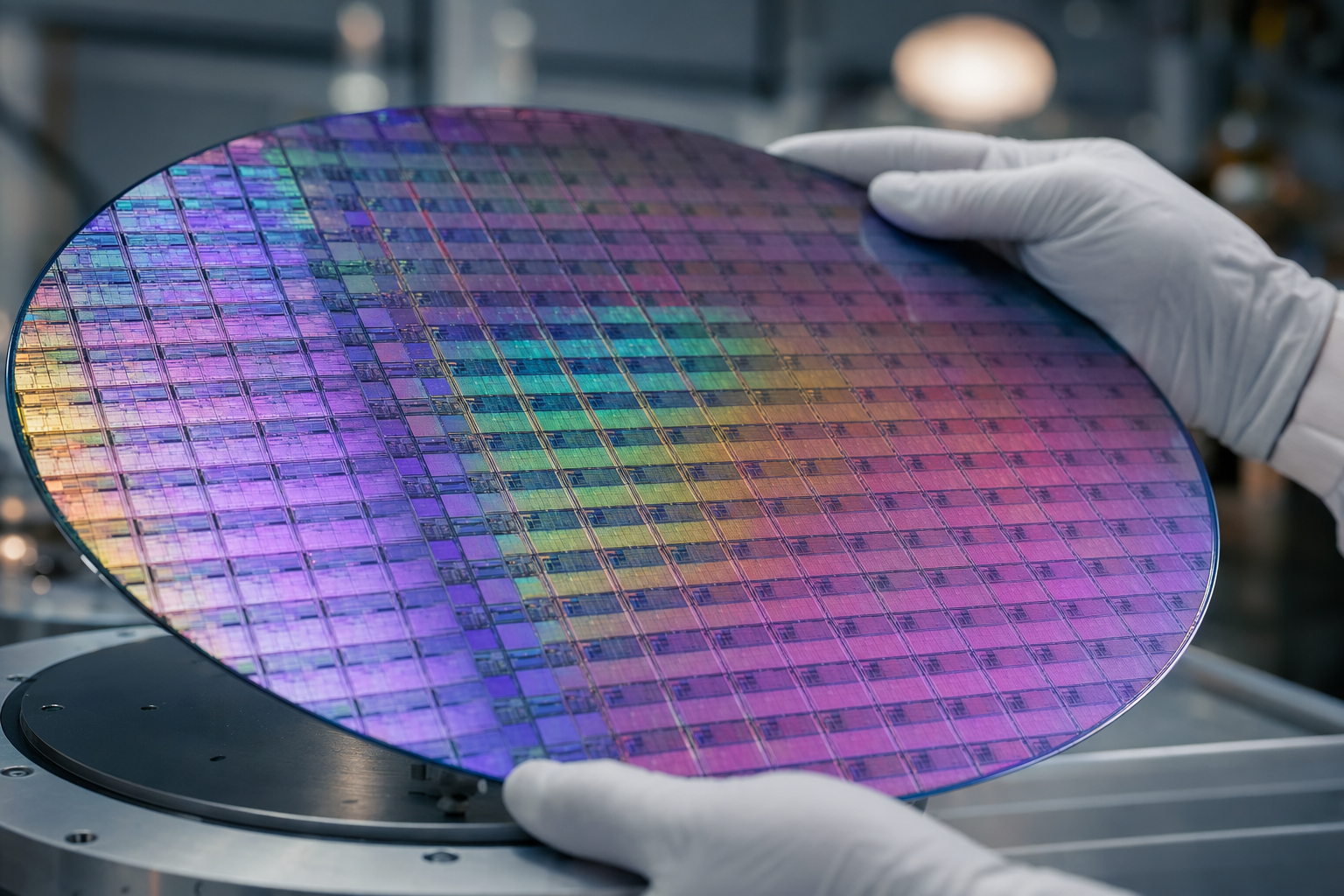 Modern semiconductor silicon wafer with iridescent dies — billions of transistors fabricated at nanometer scale