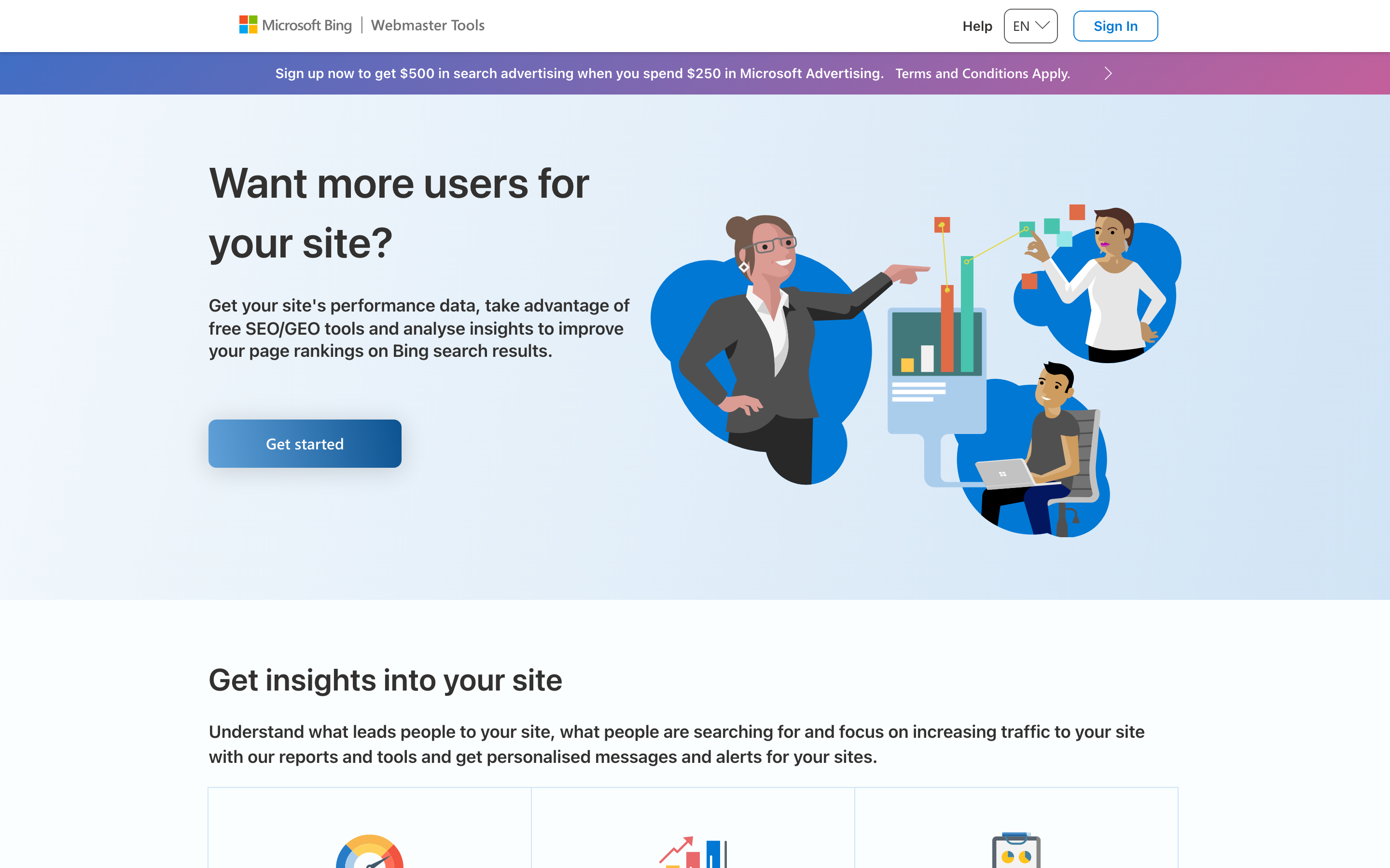 Bing Webmaster Tools homepage with the Get started button and Sign In link