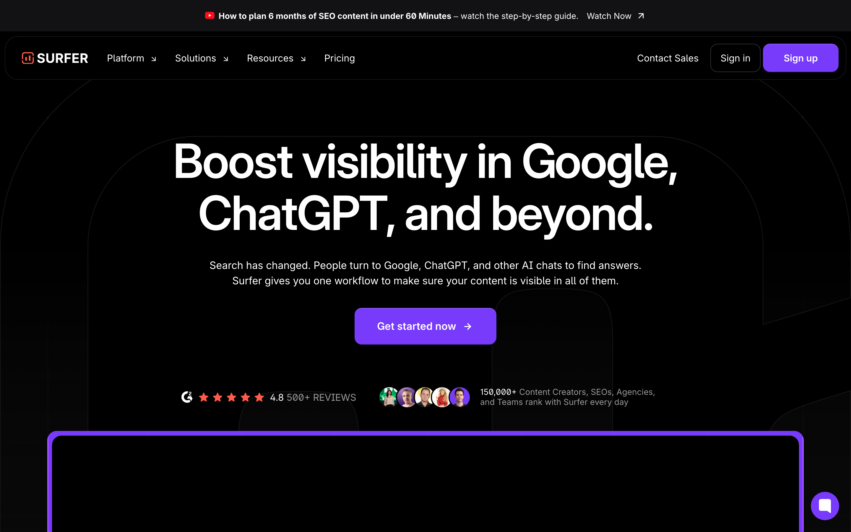 Surfer SEO platform showing its Google and AI search visibility positioning