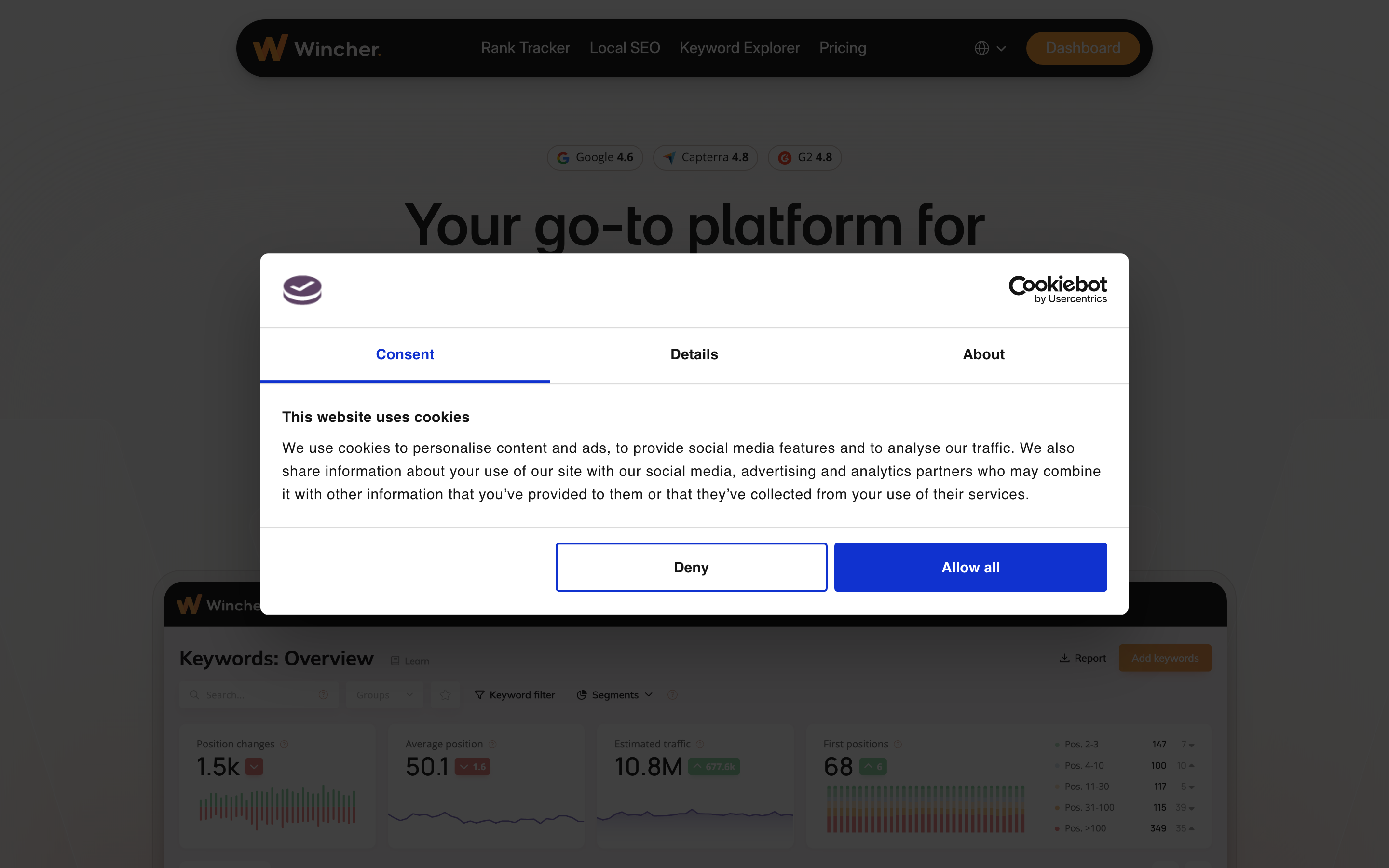 Wincher simple rank tracker dashboard showing daily keyword positions.