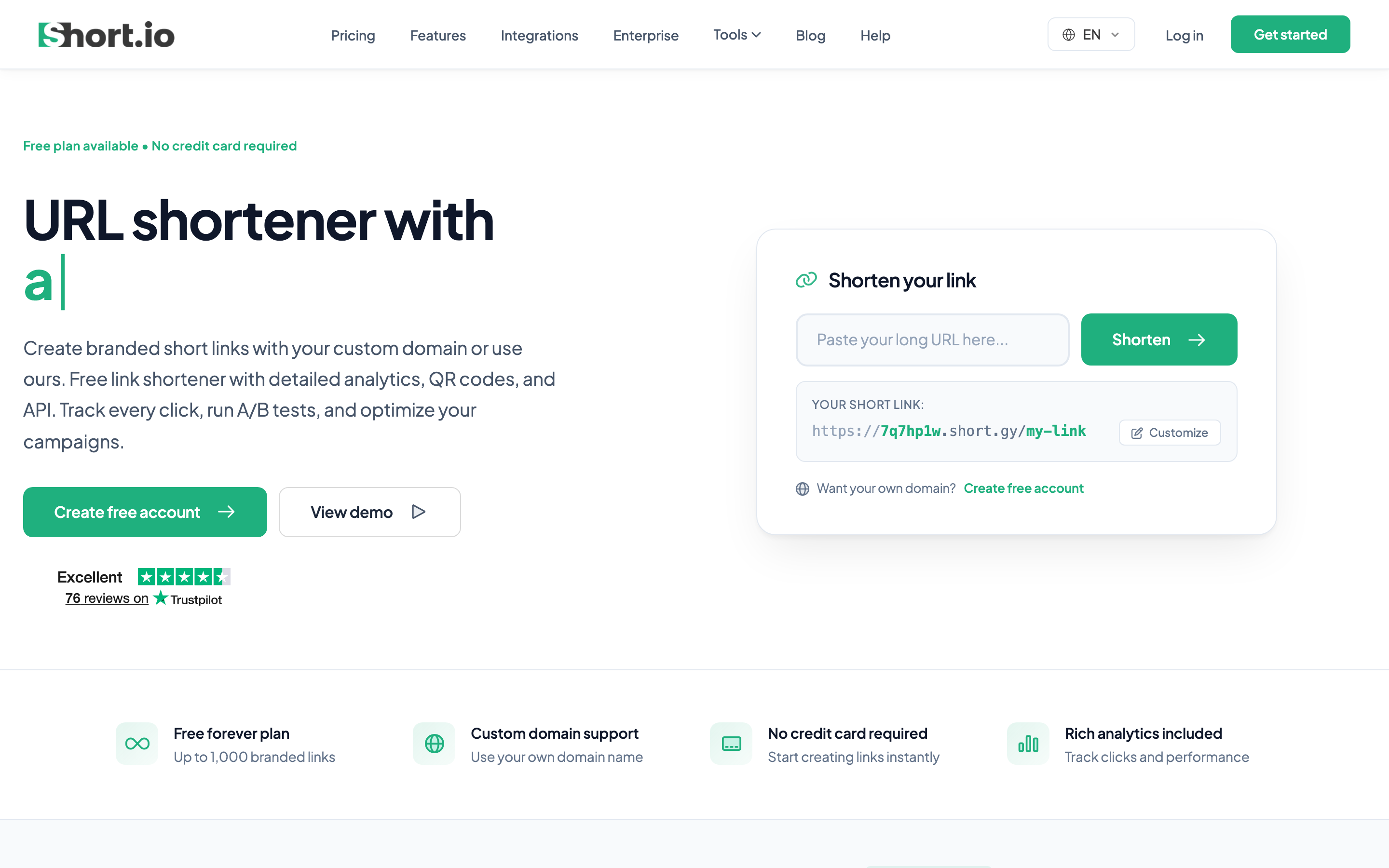 Short.io homepage — marketing-team goo.gl alternative with 5 custom domains free