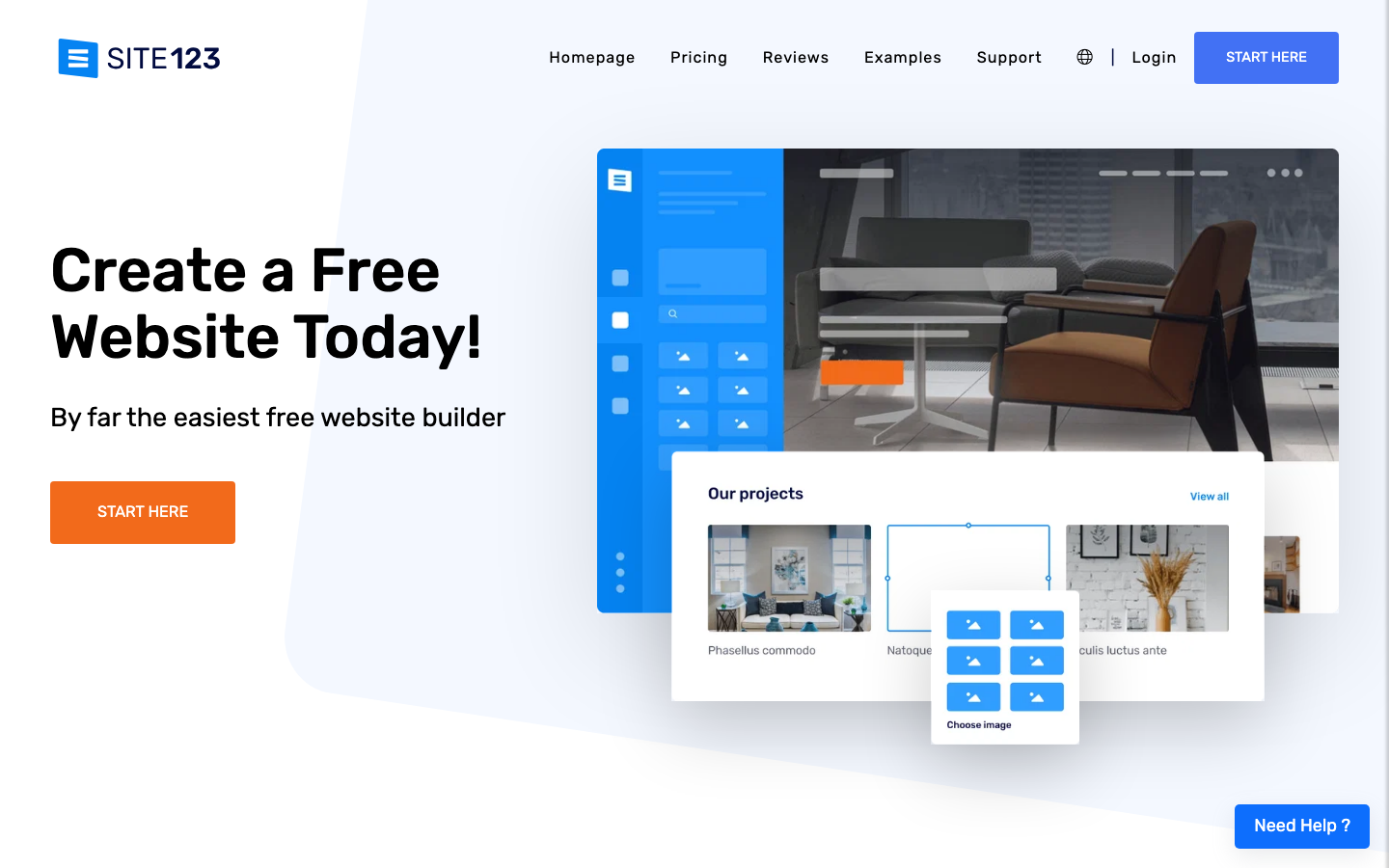 SITE123 — fastest way to a finished site, free plan plus $12.80 per month Premium with custom domain