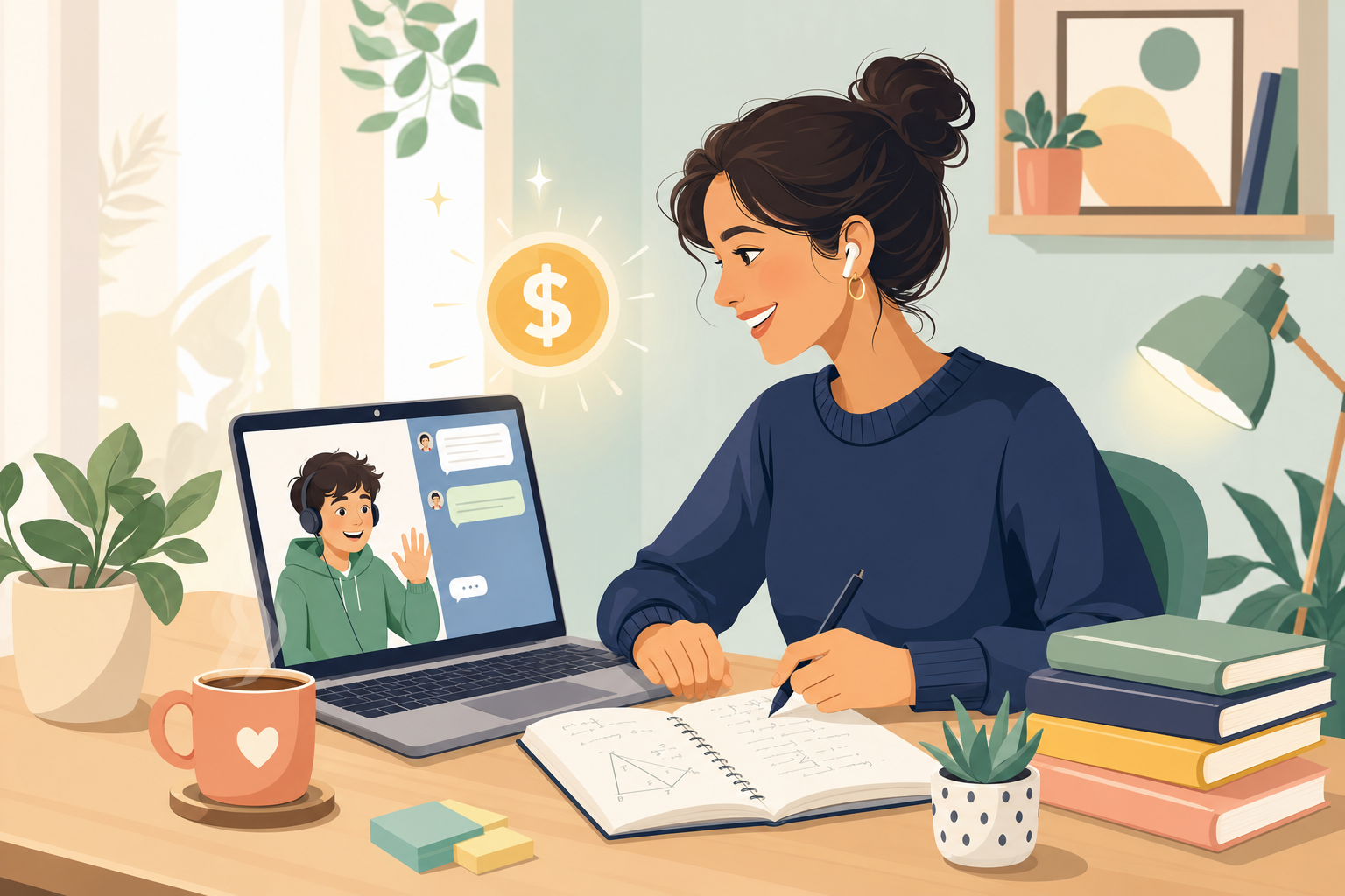 Online tutor at desk earning money helping students with homework — sites that pay you to do homework illustration