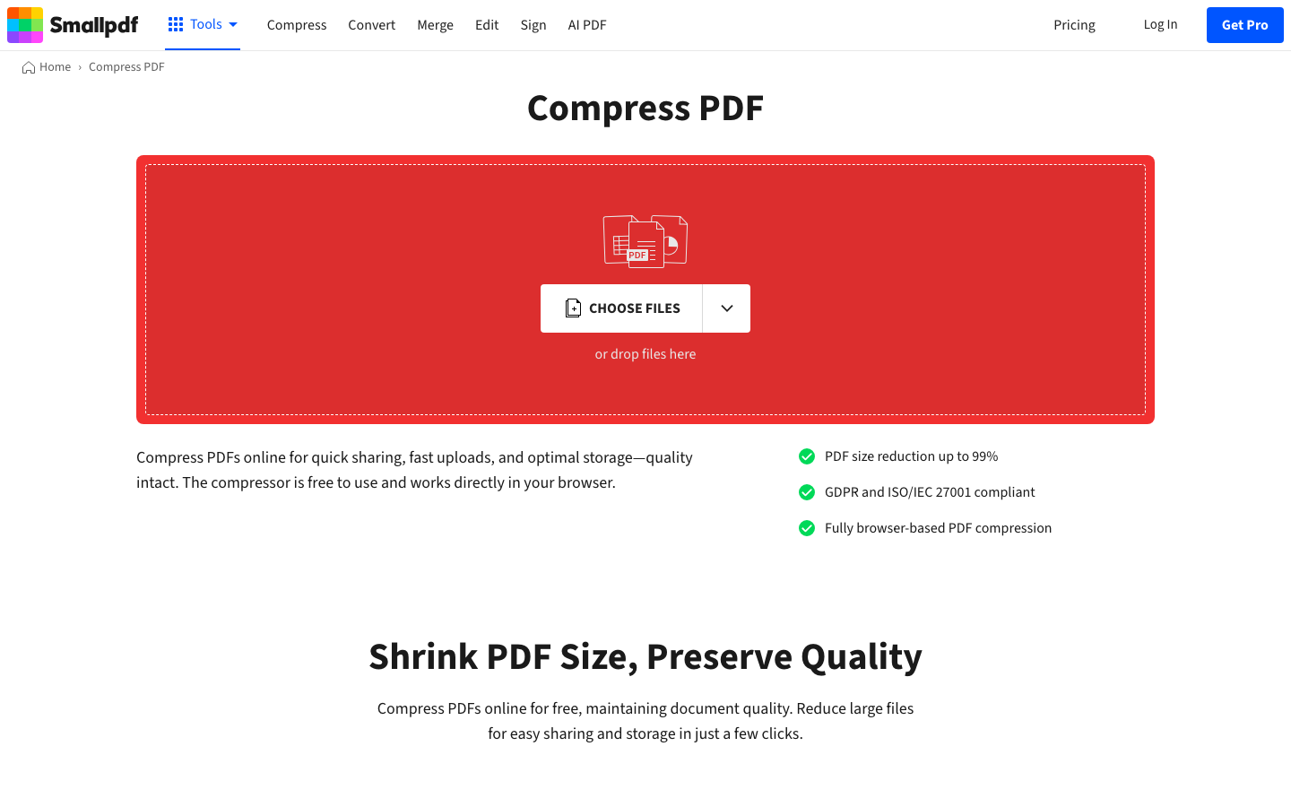 Smallpdf Compress PDF — drop-zone interface, free up to 2 tasks per day, 99% size reduction claim