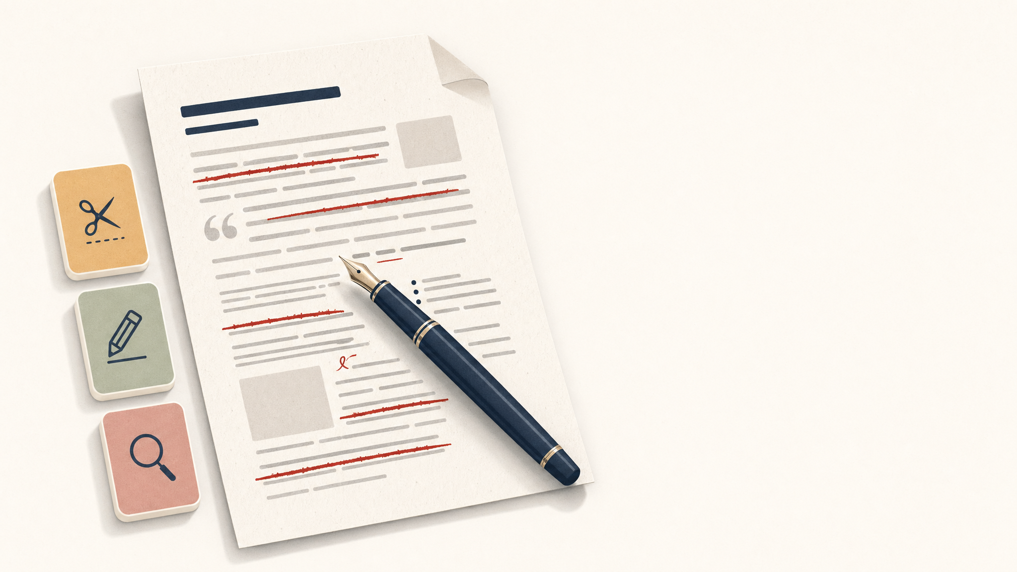 Editorial illustration of a red-pen editor's mark across stylised text on an off-white page with three small skill cards on the left in muted WordPress palette colours