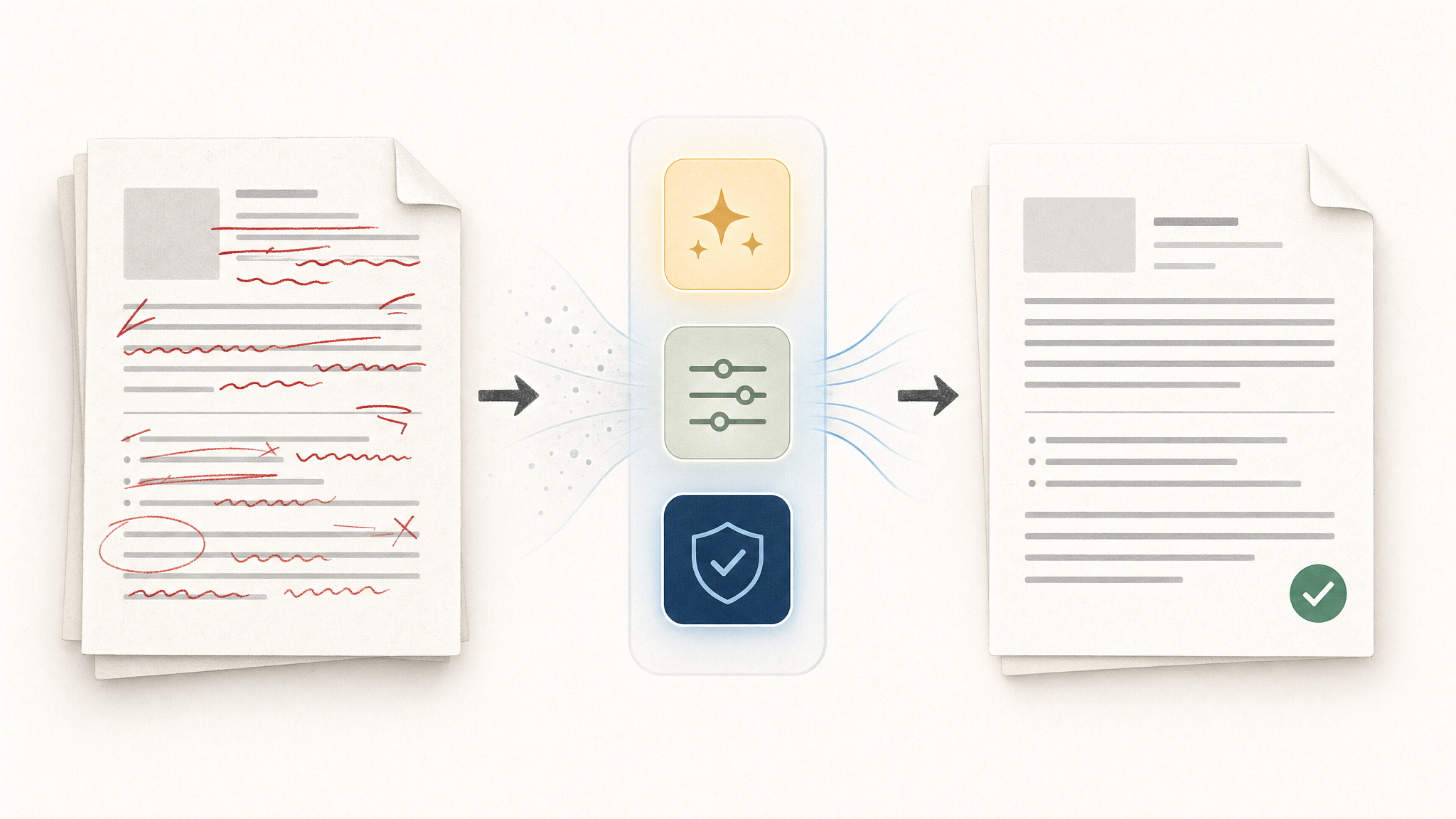Editorial illustration showing a three-stage flow: a draft document covered in red strikethroughs on the left, a vertical column of three skill-card filters in the middle, and a clean polished document with a green checkmark on the right