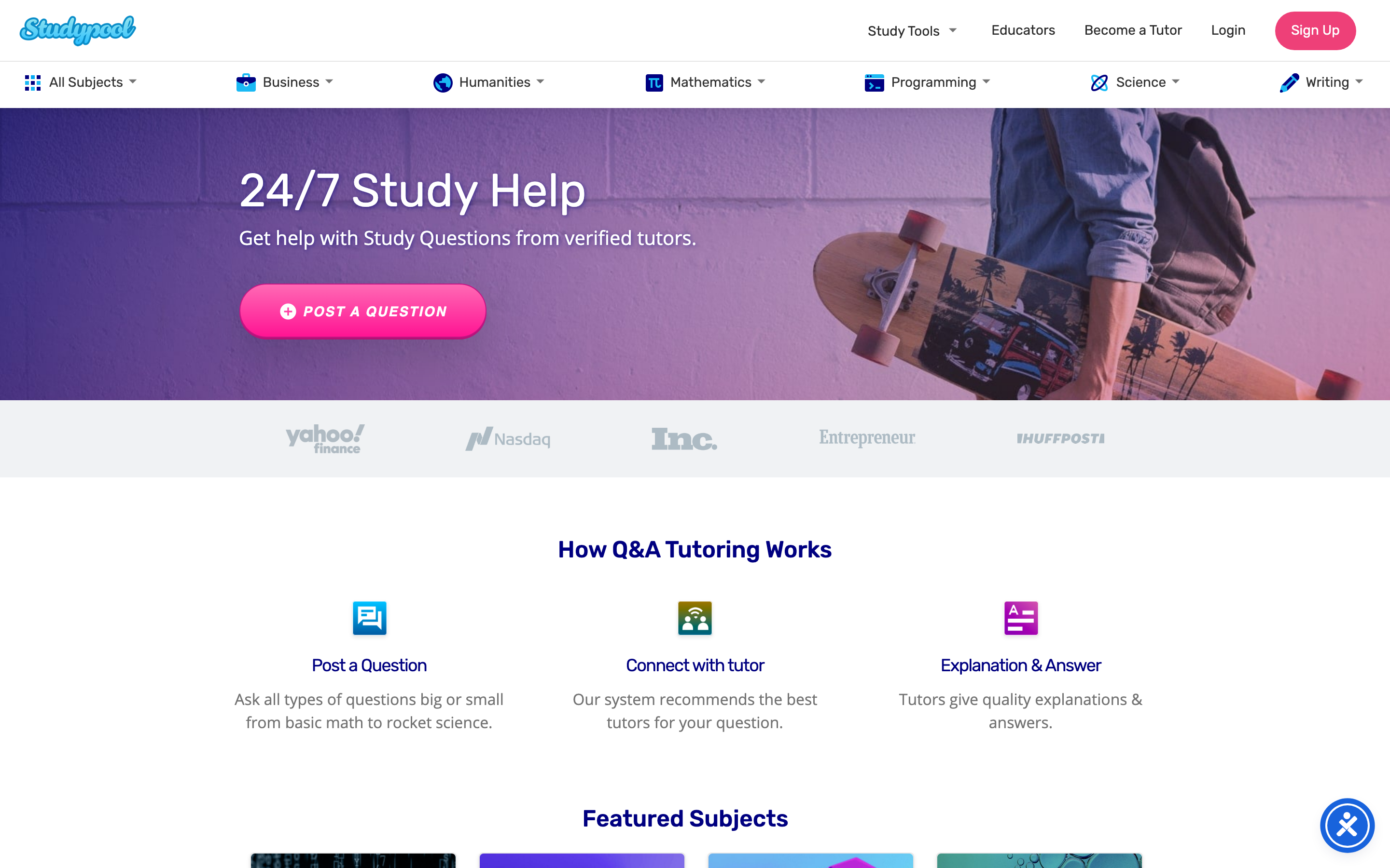 Studypool homepage — bid on student homework questions, $5-$50 per question