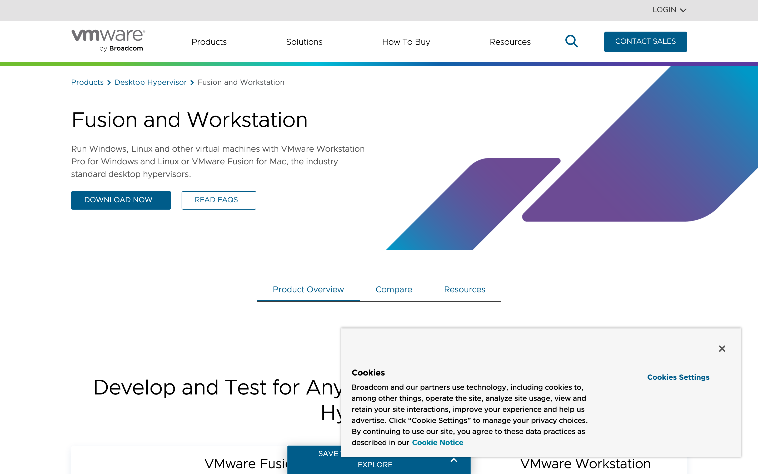 VMware Fusion homepage showing free Personal Use tier for running Windows 11 VM on macOS.