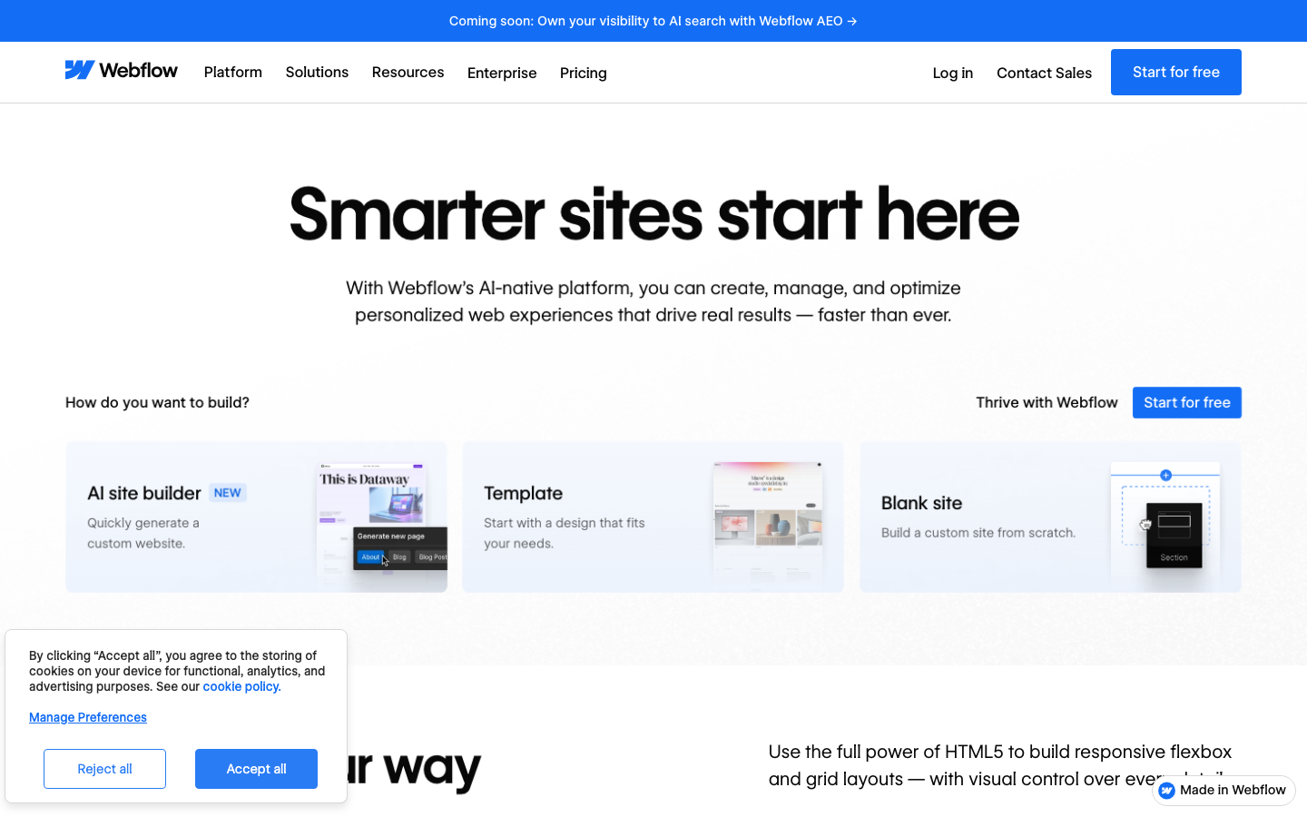 Webflow — visual development platform, $14 per month Basic, $23 per month CMS in 2026