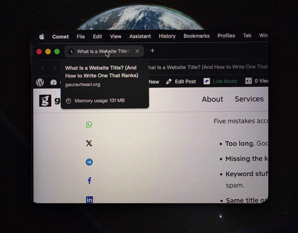 Browser tab displaying the website title "What Is a Website Title? (And How to Write One That Ranks)" from gauravtiwari.org