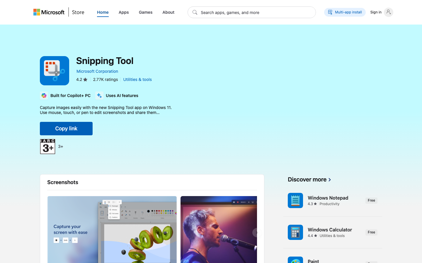 Windows Snipping Tool — built-in Windows 11 screenshot and screen recording app on the Microsoft Store, with Copilot+ AI features