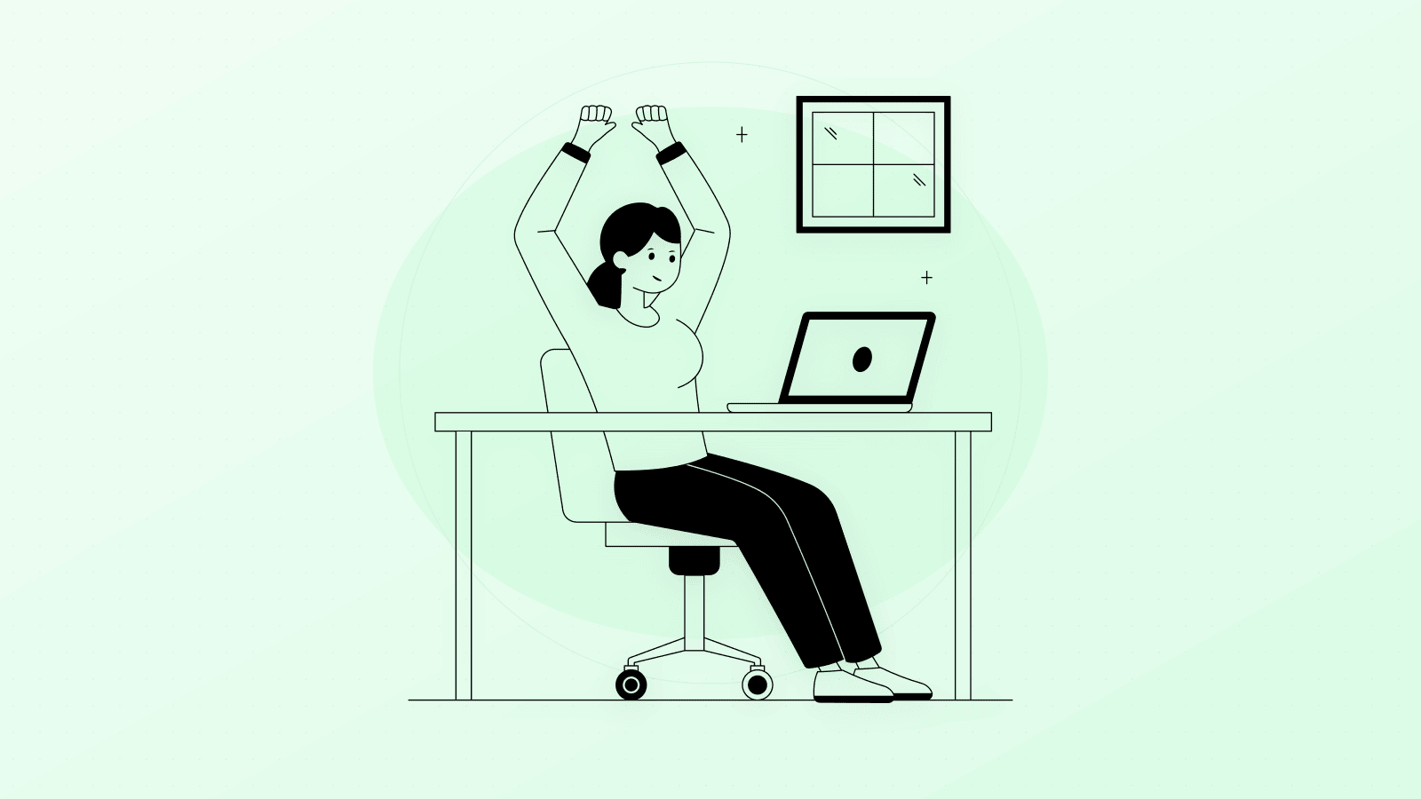 Illustration of workplace wellness showing desk yoga and ergonomic self-care practices