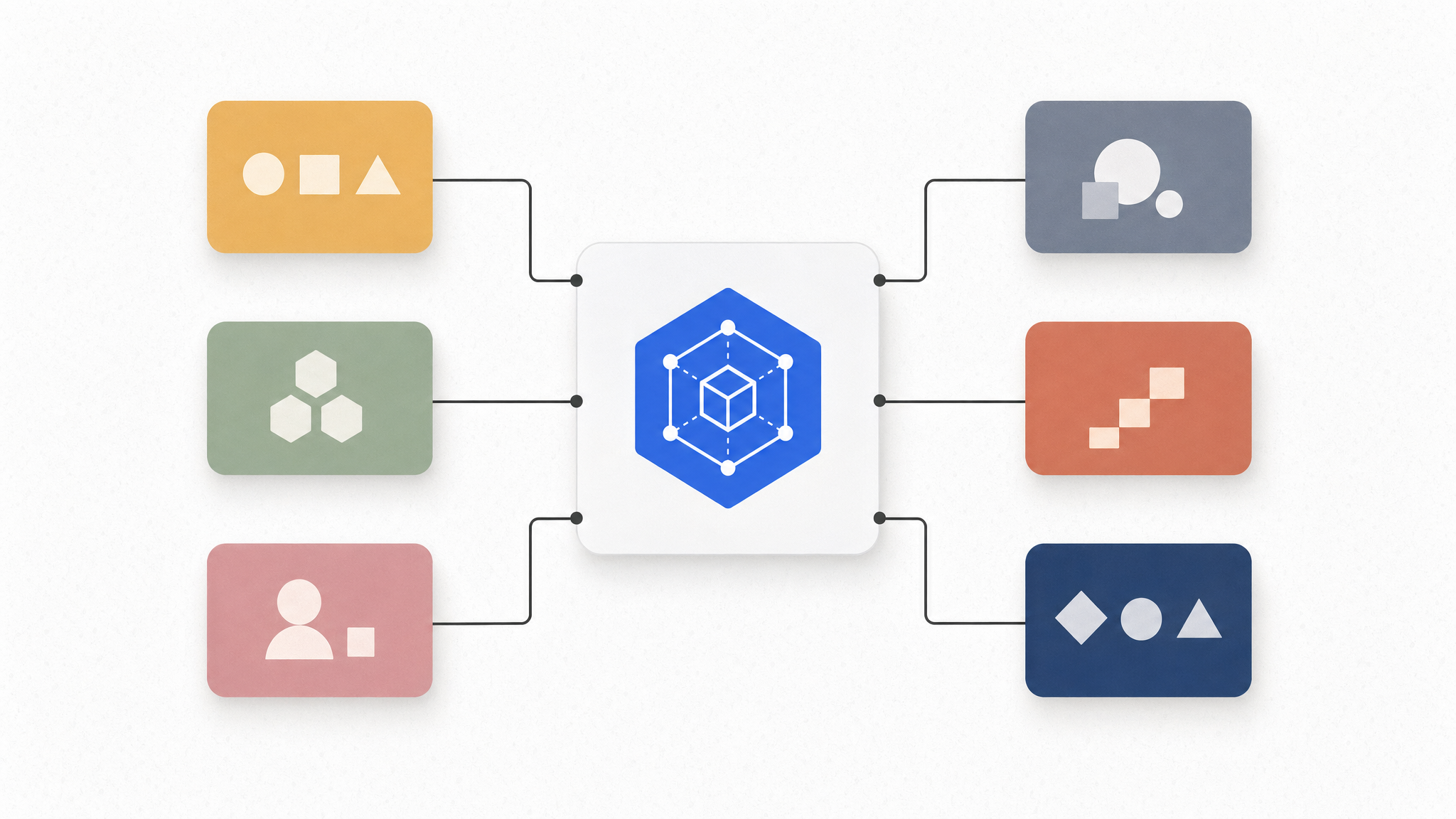 Concept diagram of the WordPress Abilities API showing a central WordPress-blue hexagonal core radiating connections to six rounded plugin cards in muted WordPress palette colours
