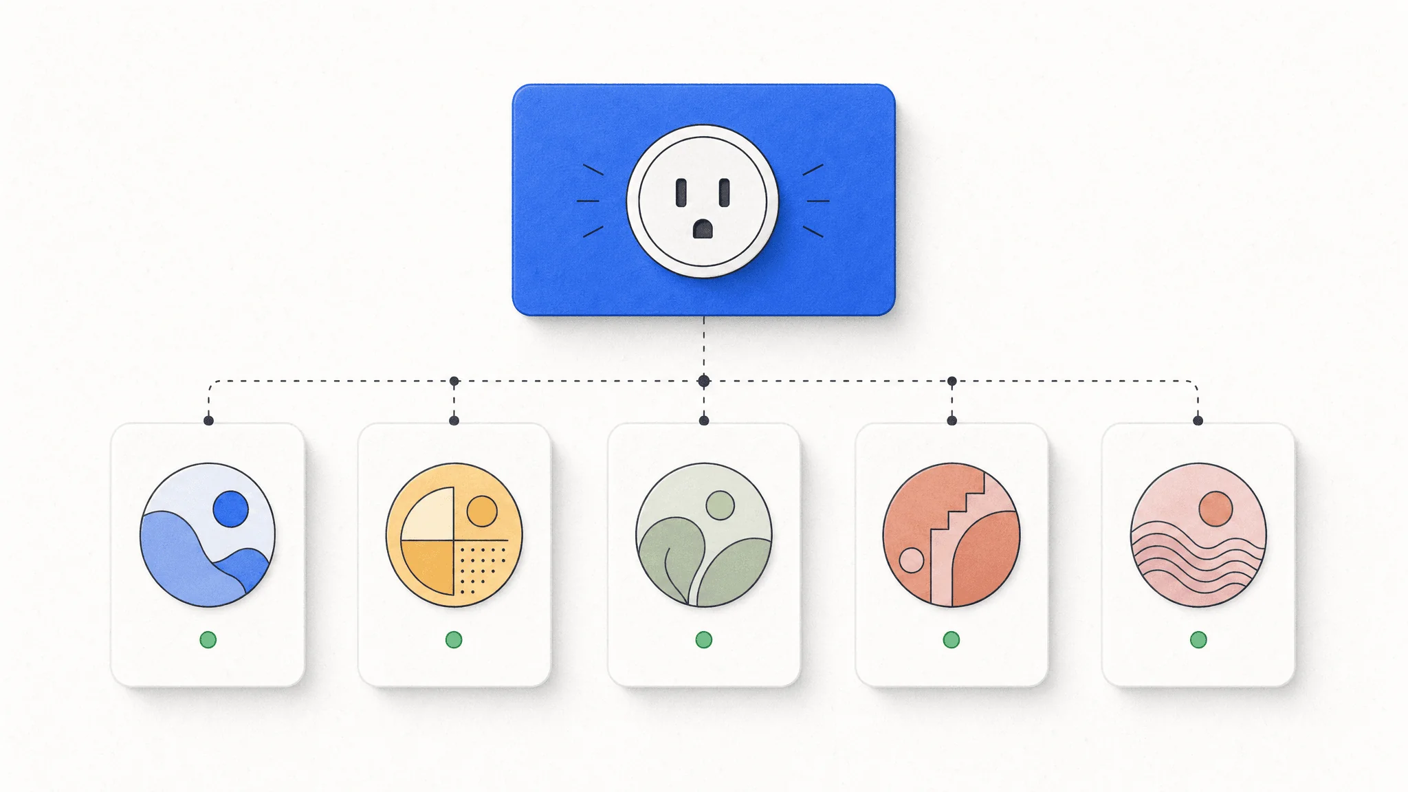 Illustration of WordPress AI connector plugins shown as five rounded cards with abstract circular logo glyphs feeding into a single WordPress-blue plug socket panel above