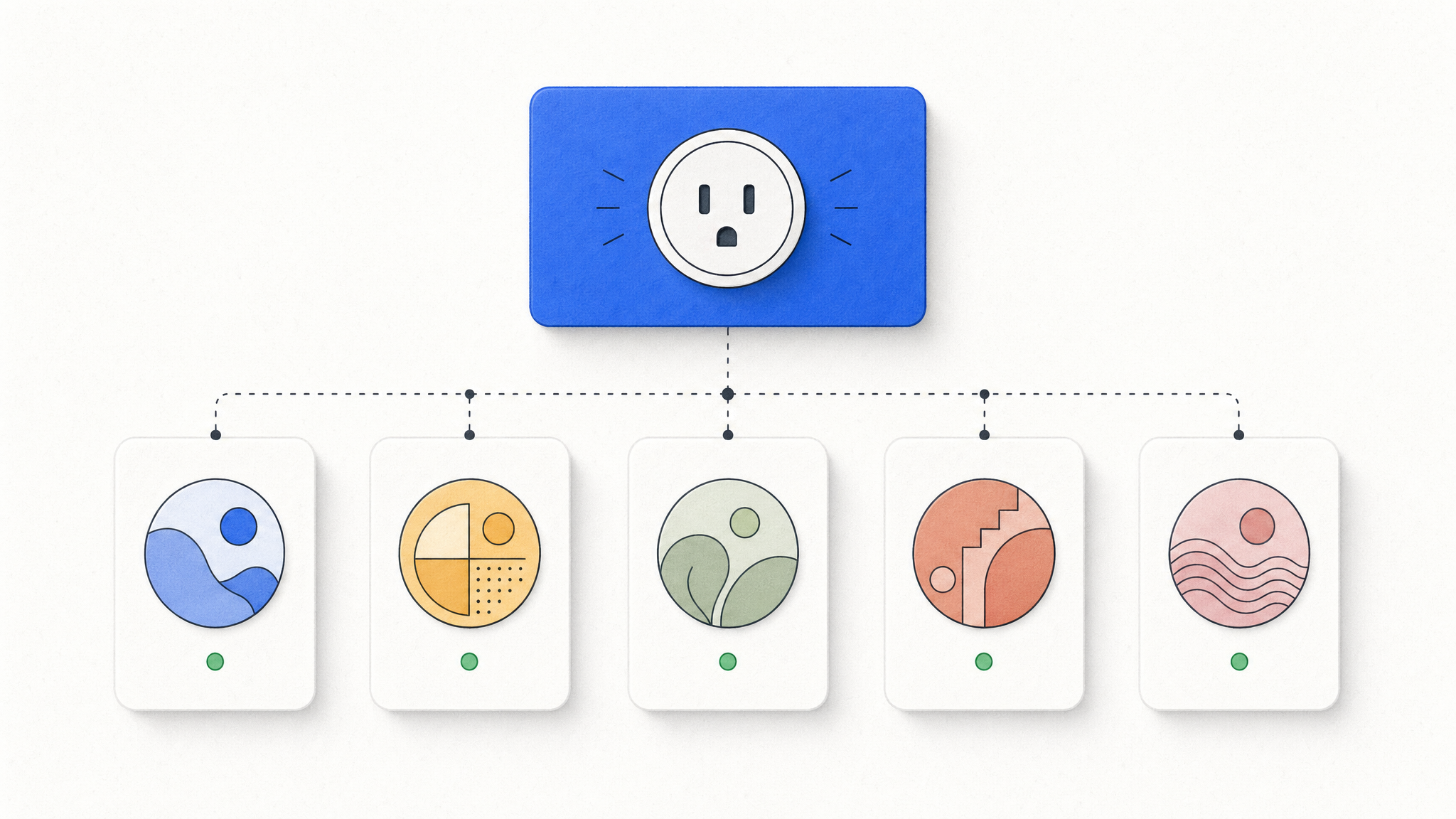 Illustration of WordPress AI connector plugins shown as five rounded cards with abstract circular logo glyphs feeding into a single WordPress-blue plug socket panel above
