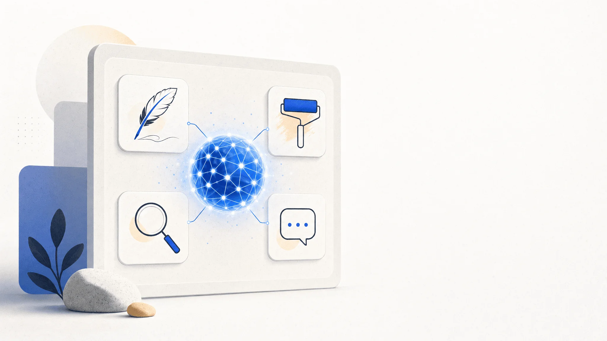 WordPress-native flat-vector illustration showing a Gutenberg-style admin canvas with a glowing WordPress-blue neural sphere connected to four feature icons representing writing, image generation, search and review